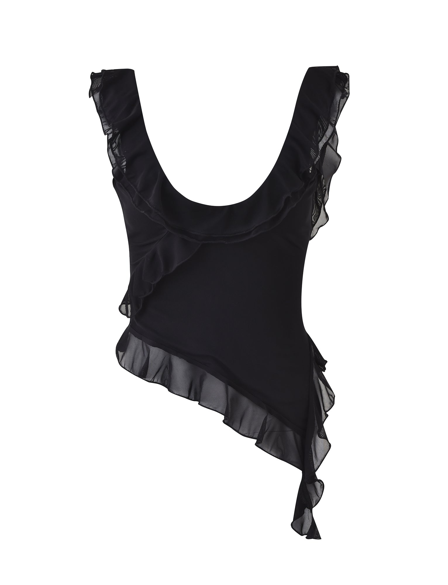 A TIGERMIST STORMI TOP - BLACK sleeveless top with ruffled detailing around the neckline and hem. The ruffles are made of sheer fabric, giving the top an elegant and asymmetrical look.