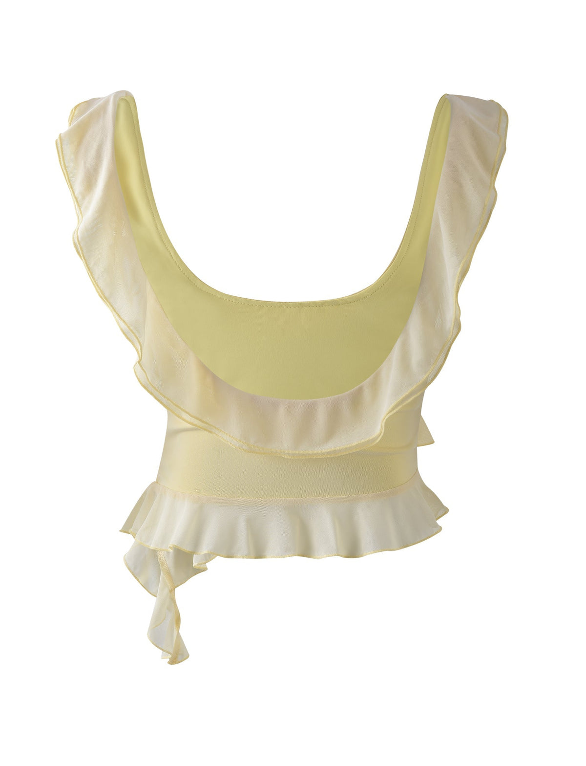 The STORMI TOP - YELLOW : LEMON from TIGERMIST is a sleeveless top with a deep scoop neckline, adorned with layered ruffles along the neckline and hem. The fabric boasts a soft, slightly sheer texture, and the top ties on one side at the waist.
