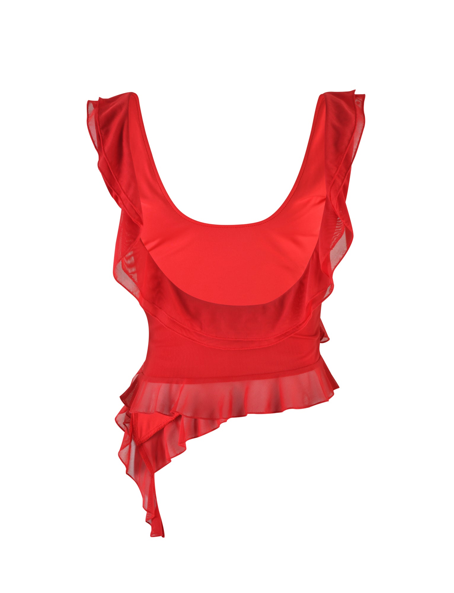 The STORMI TOP - RED from TIGERMIST features a vibrant red sleeveless design with a scoop neckline and asymmetrical details. It boasts ruffle accents along the shoulders and one side, adding a flowing, stylish touch. The fabric is light and slightly sheer for an elegant look.