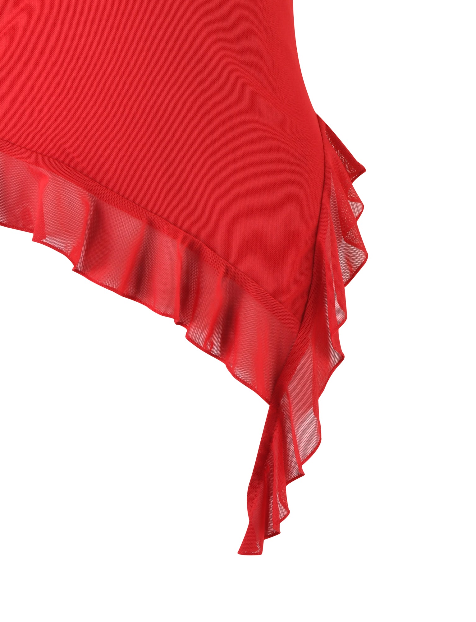 Close-up of the STORMI TOP - RED by TIGERMIST, featuring a ruffled, transparent trim. The top is draped asymmetrically with a soft, flowy texture, highlighting its vibrant color and delicate design.