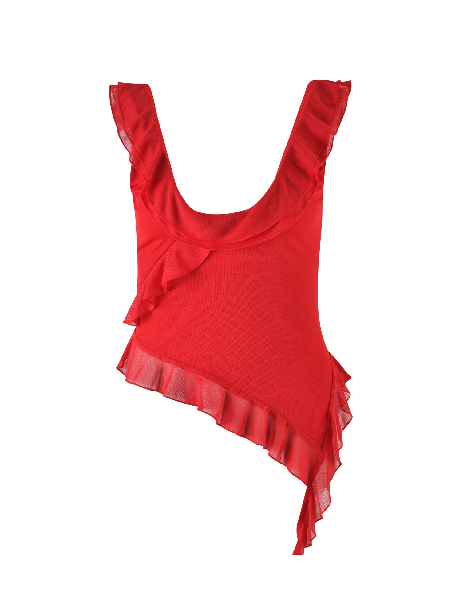 The STORMI TOP - RED by TIGERMIST showcases a scoop neckline, an asymmetrical hemline, and ruffled detailing along both the neckline and hem. These ruffles impart a touch of elegance, creating a flowing, feminine look.