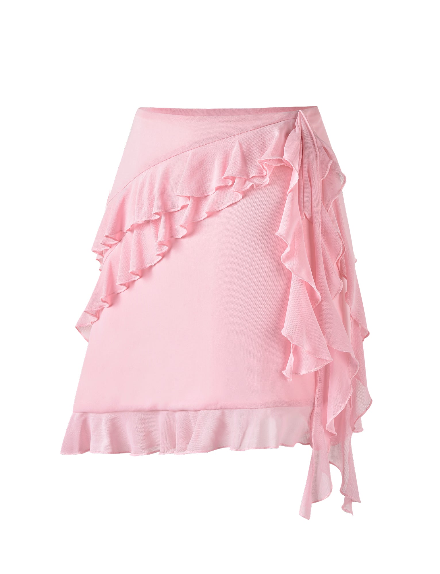 The Stormi Skirt in Baby Pink from TIGERMIST is a light pink, asymmetrical skirt featuring ruffled layers. This piece has a fitted waistband with cascading ruffles on one side, creating a flowing and feminine look. Its slightly uneven hem adds to its whimsical style.
