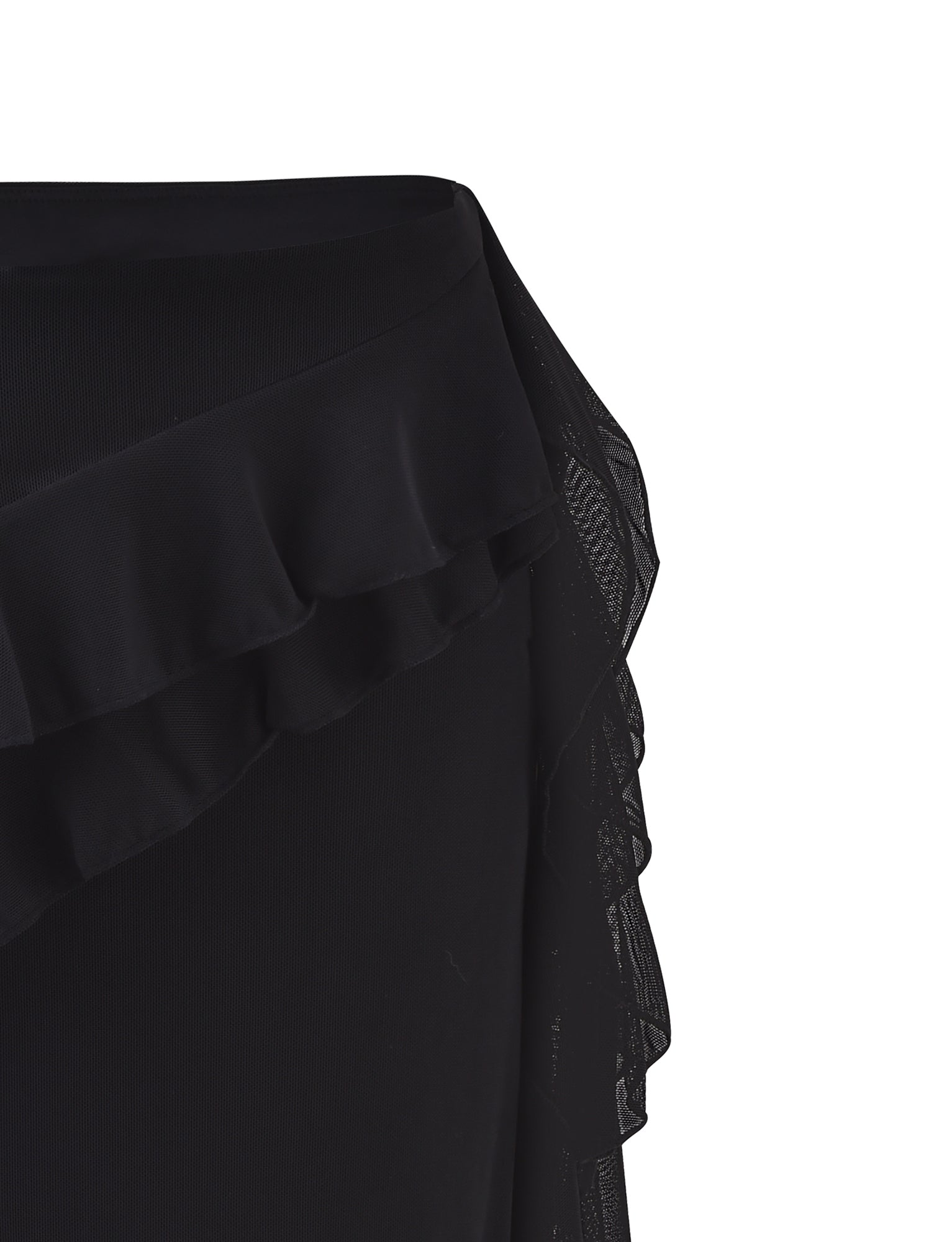Close-up of the Tiger Mist STORMI SKIRT - BLACK, featuring a layered ruffle detail along the edge. The fabric combines opaque and sheer materials, creating a textured and dynamic look. The ruffle adds a feminine and elegant touch to the design.