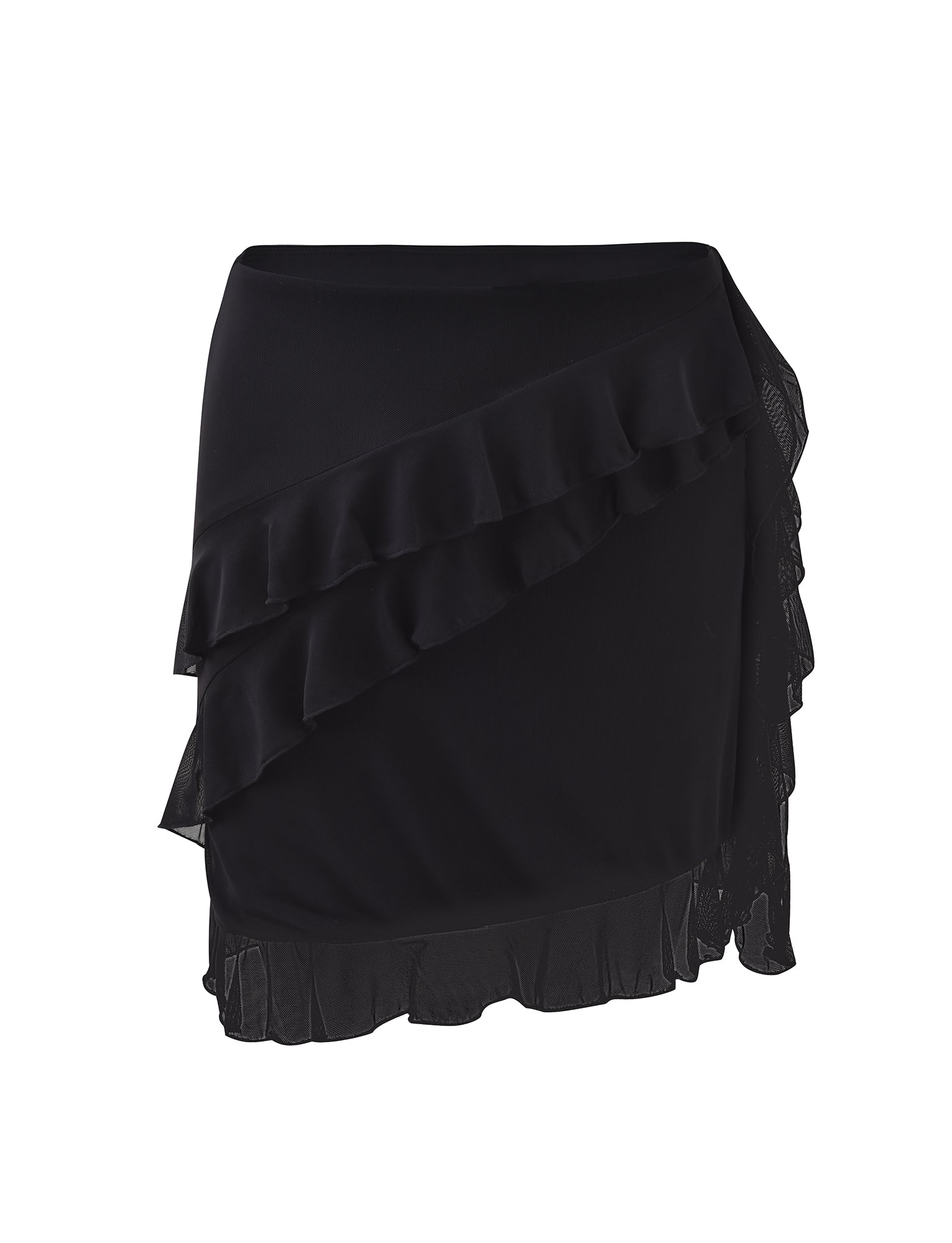 The STORMI SKIRT - BLACK by TIGERMIST is a chic black skirt featuring asymmetrical ruffle details. This elegant design showcases multiple fabric layers, including an upper ruffle that diagonally drapes across the front and a sheer ruffle along the hem, making it suitable for various occasions.