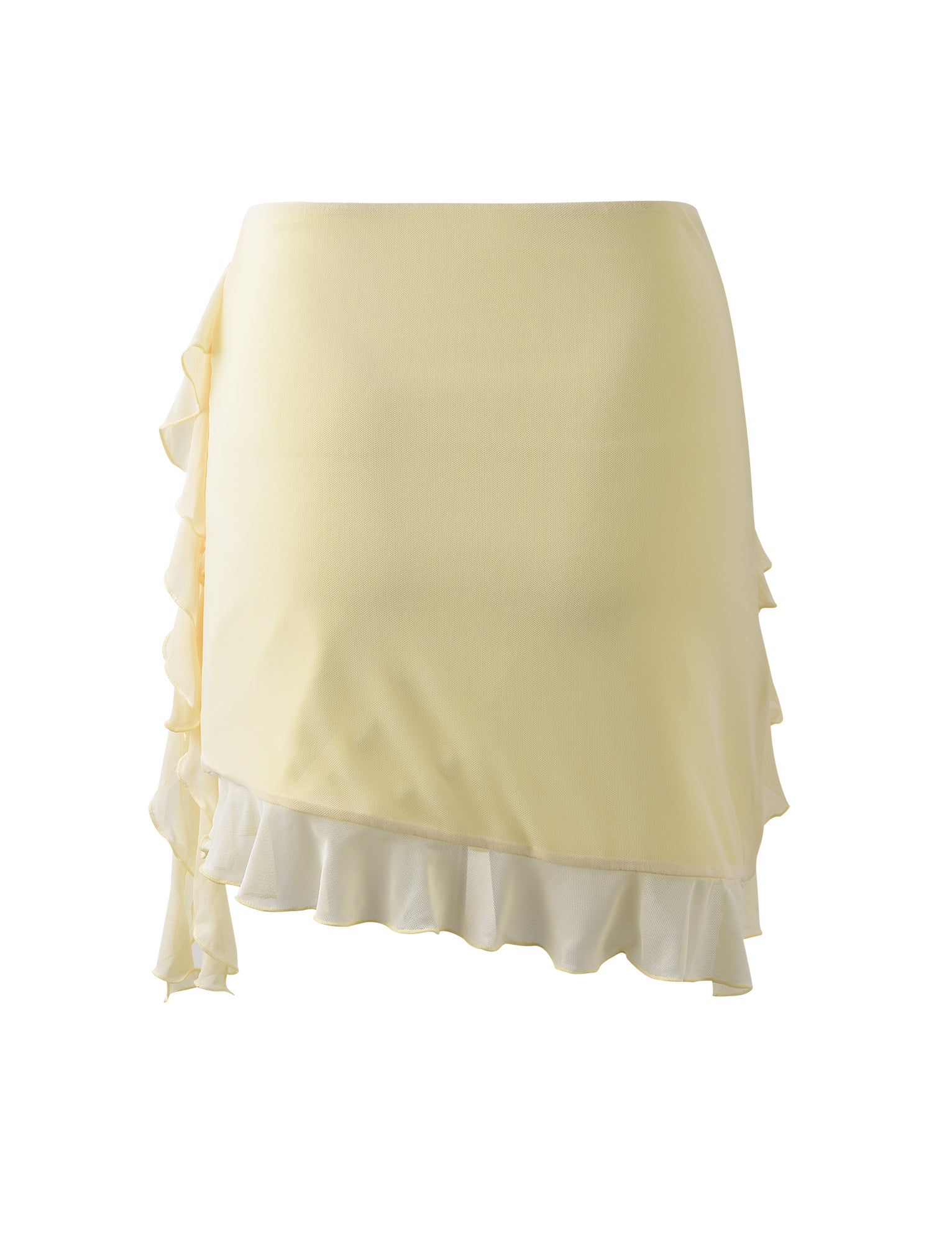 The STORMI SKIRT - YELLOW : LEMON from TIGERMIST is a light yellow mini skirt featuring a delicate ruffle trim. It has a wrap design that ties at one side, creating an elegant layered look with asymmetrical ruffles cascading down. The lightweight and flowy fabric adds to its feminine and sophisticated style.
