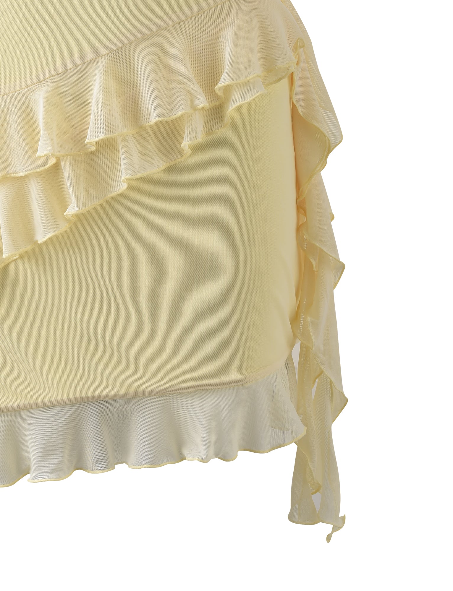A close-up of the Tigermist STORMI SKIRT in Lemon Yellow, showcasing its intricate, layered ruffled design. The fabric looks soft and slightly sheer, with multiple frill layers cascading diagonally across. The edges of the ruffles are gently wavy and delicate.