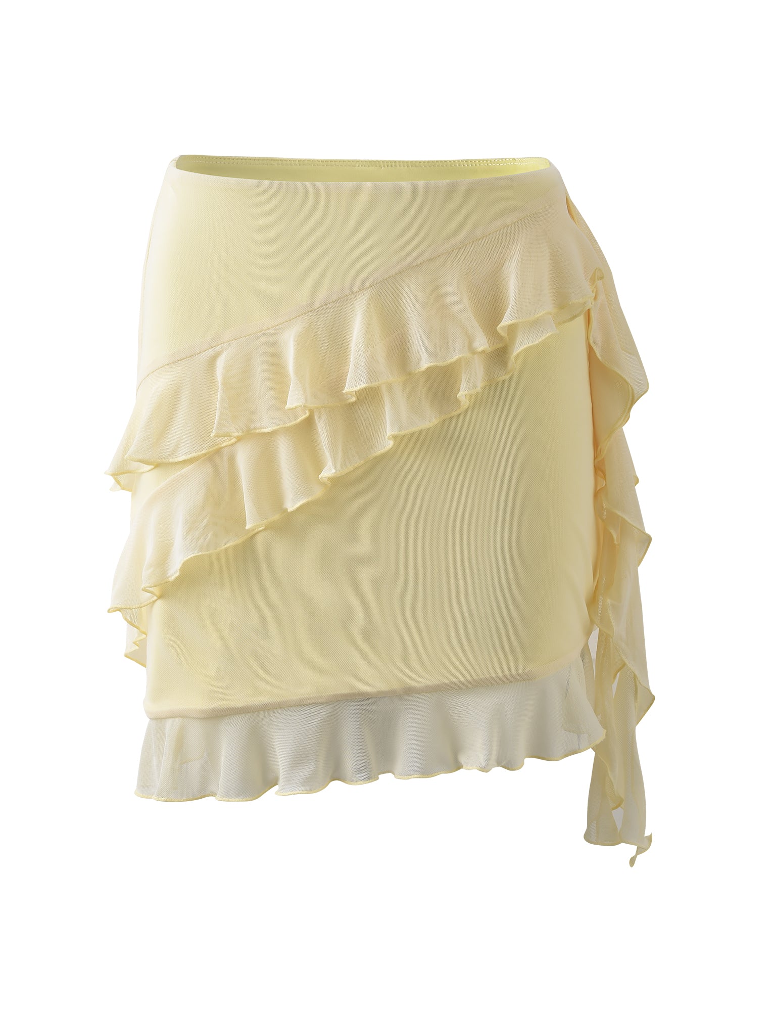 The STORMI SKIRT - YELLOW : LEMON by TIGERMIST features a light yellow hue and an asymmetrical design, embellished with multiple layers of ruffles along the side and hemline, giving it a flowing and textured look. This skirt is both lightweight and stylish.
