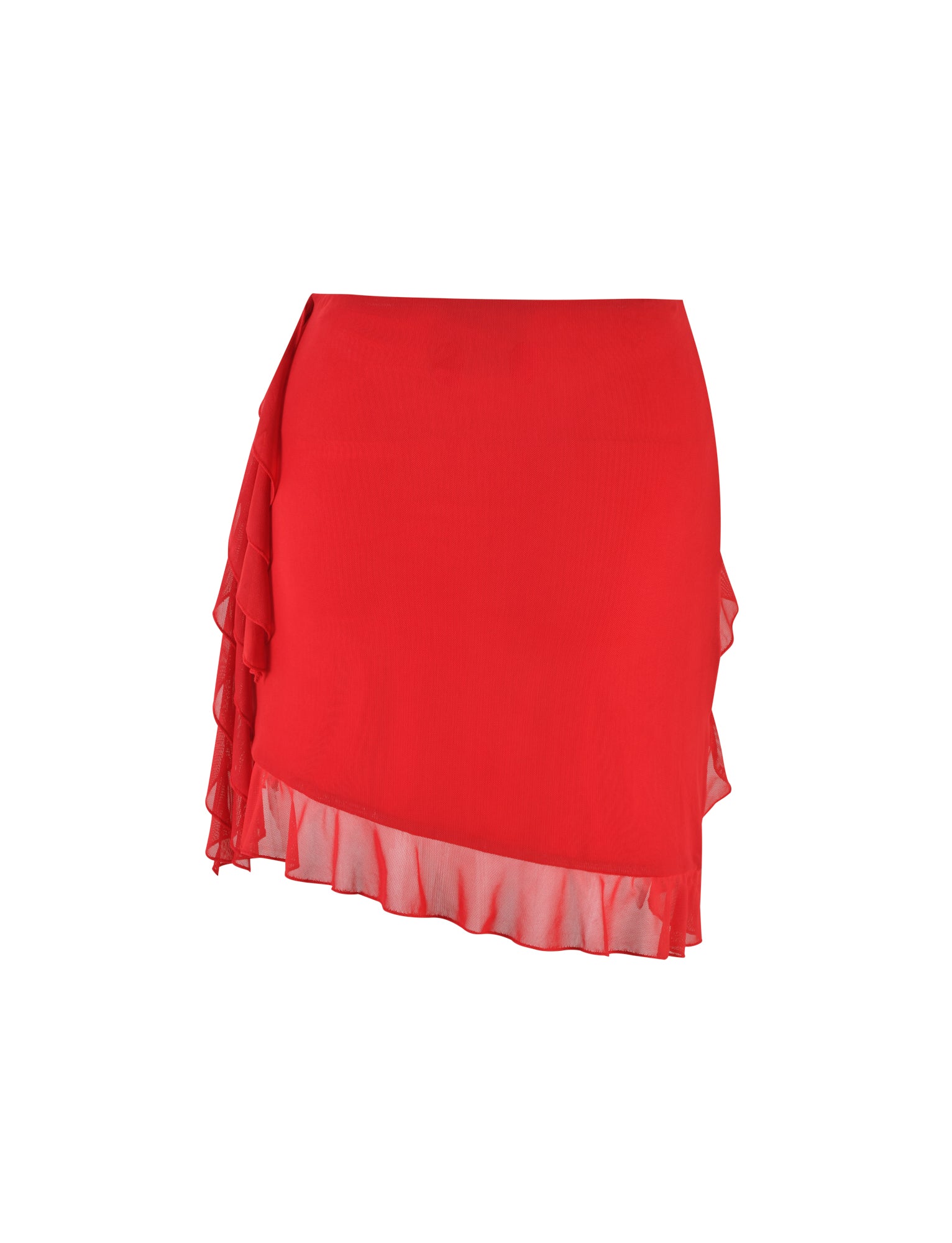 The STORMI SKIRT - RED from TIGERMIST showcases a vibrant red color with an asymmetrical design featuring sheer ruffle details along the left side. The skirt's layered hemline is shorter on the right and longer on the left, adding a playful yet elegant touch. It is displayed against a white background.