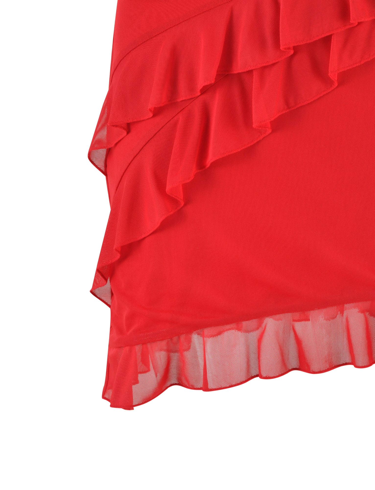A close-up of the TIGERMIST STORMI SKIRT in red showcases multiple layers of ruffled fabric. The material appears to be lightweight and slightly translucent, with intricate detailing on the edges of the ruffles. The overall design suggests elegance and a playful texture.