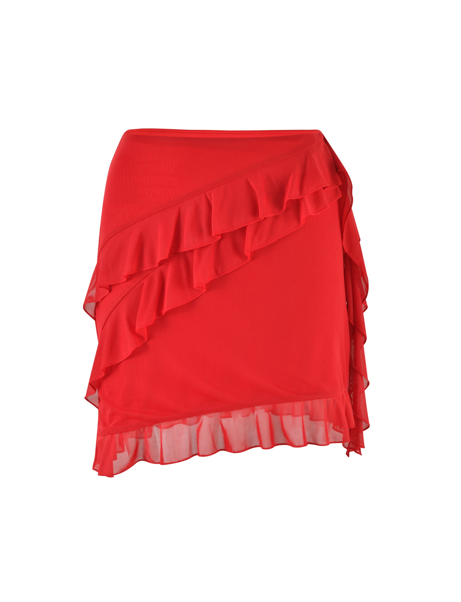 Introducing the STORMI SKIRT - RED by TIGERMIST: This red mini skirt showcases a layered design with asymmetrical ruffles that cascade diagonally across the front. A ruffled trim along the hem adds a playful and stylish touch, making it an ideal choice for warm weather due to its lightweight and flowy fabric.