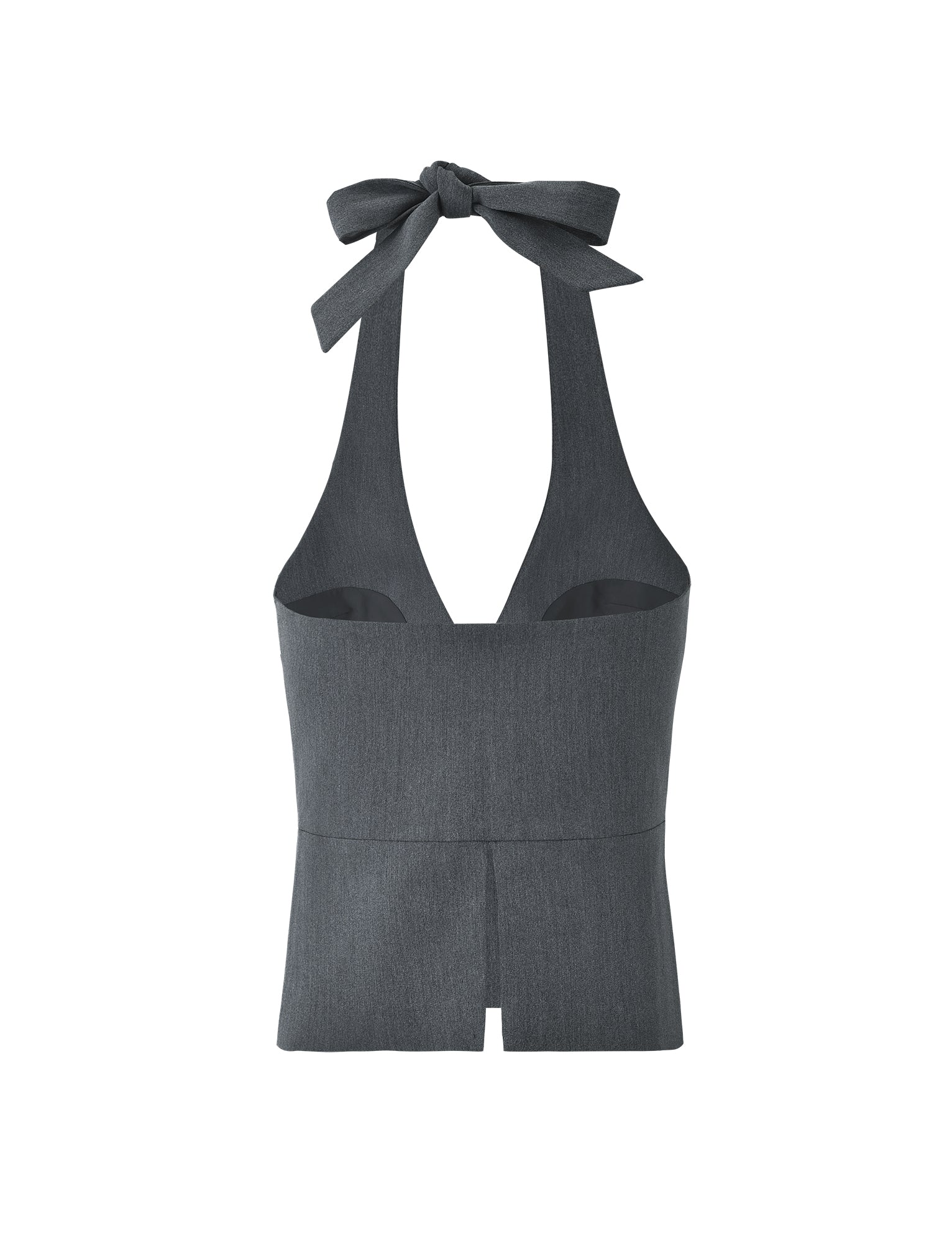The TRISTAN VEST - GREY from TIGERMIST is a sleeveless halter top featuring a deep V-neckline and wide straps that tie into a bow at the neck. The top includes a fitted bodice and has a short, straight hemline with a subtle front slit.
