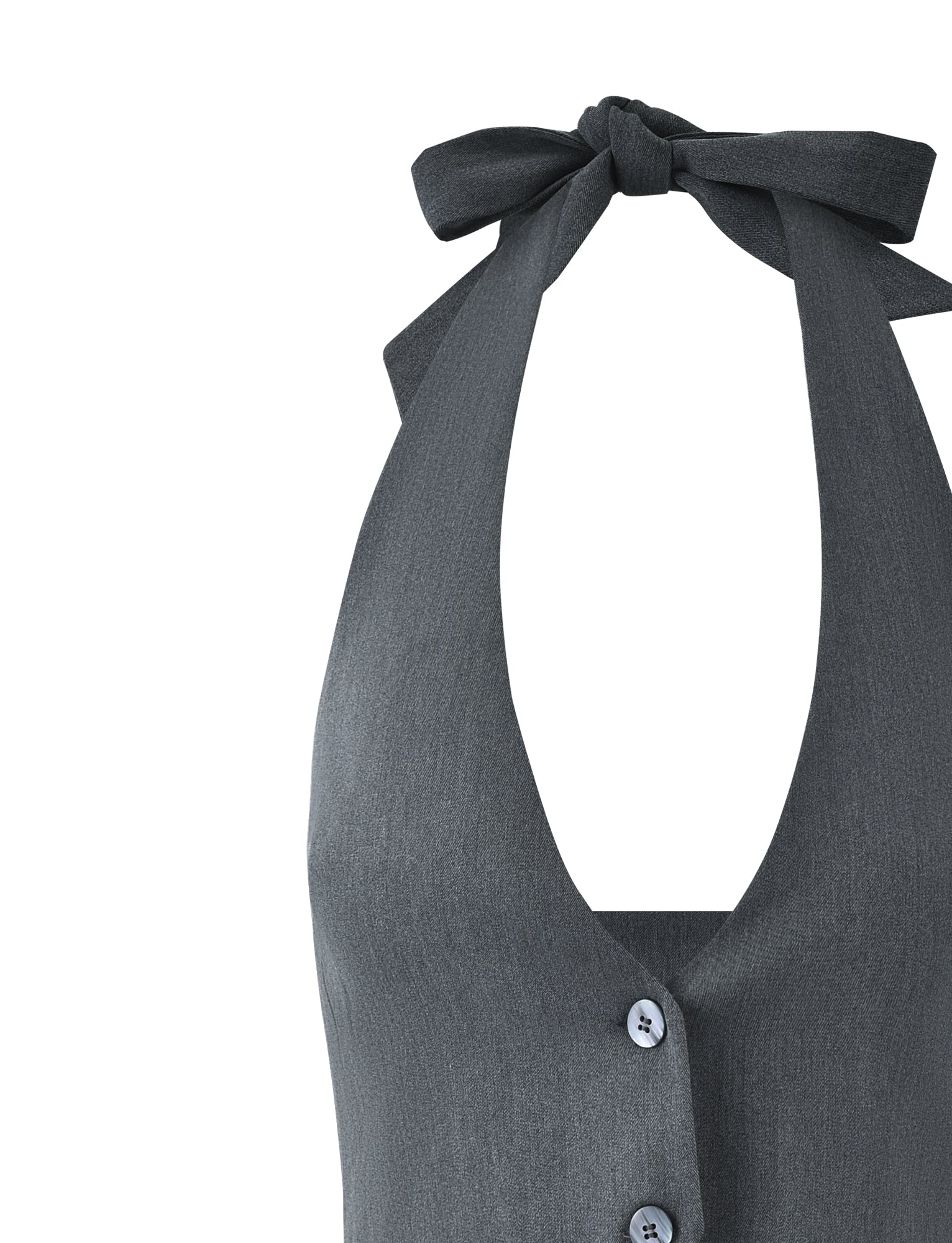 A close-up of the sleeveless TRISTAN VEST - GREY from TIGERMIST reveals its elegant charcoal gray halter design, complete with a stylish bow tie at the neck. The vest boasts a V-shaped neckline and two visible buttons down the front, crafted from a smooth, lightweight fabric.