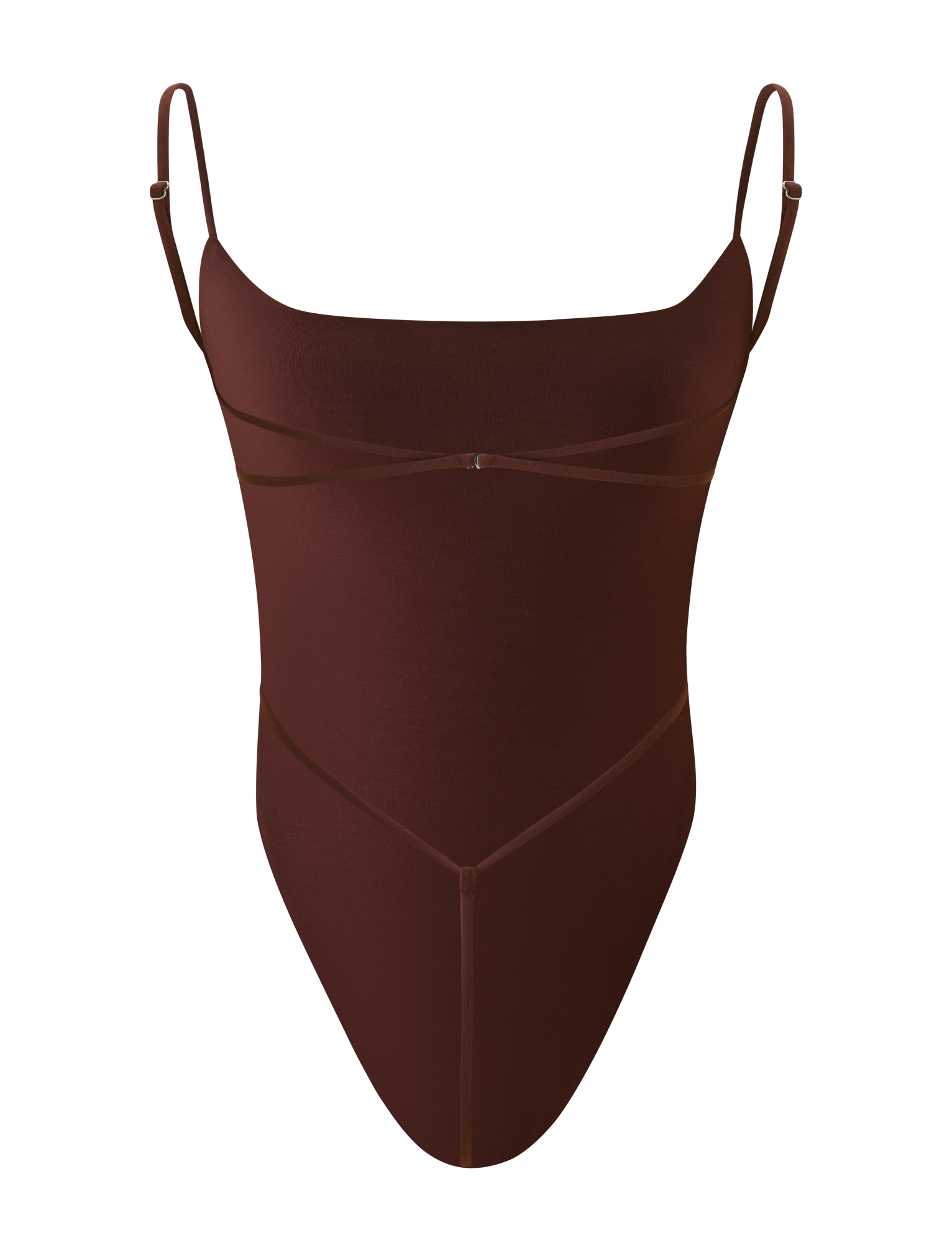 The MINERVA BODYSUIT - CHOCOLATE by TIGERMIST is a brown backless piece with thin adjustable straps, subtle front seam detailing, and a sleek G string bottom, shown against a plain white background.