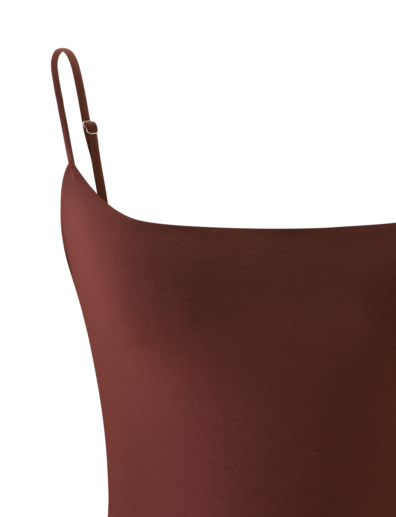 Close-up of the TIGERMIST MINERVA BODYSUIT in chocolate, featuring its fabric texture and a single thin adjustable shoulder strap, shown backless against a white background.