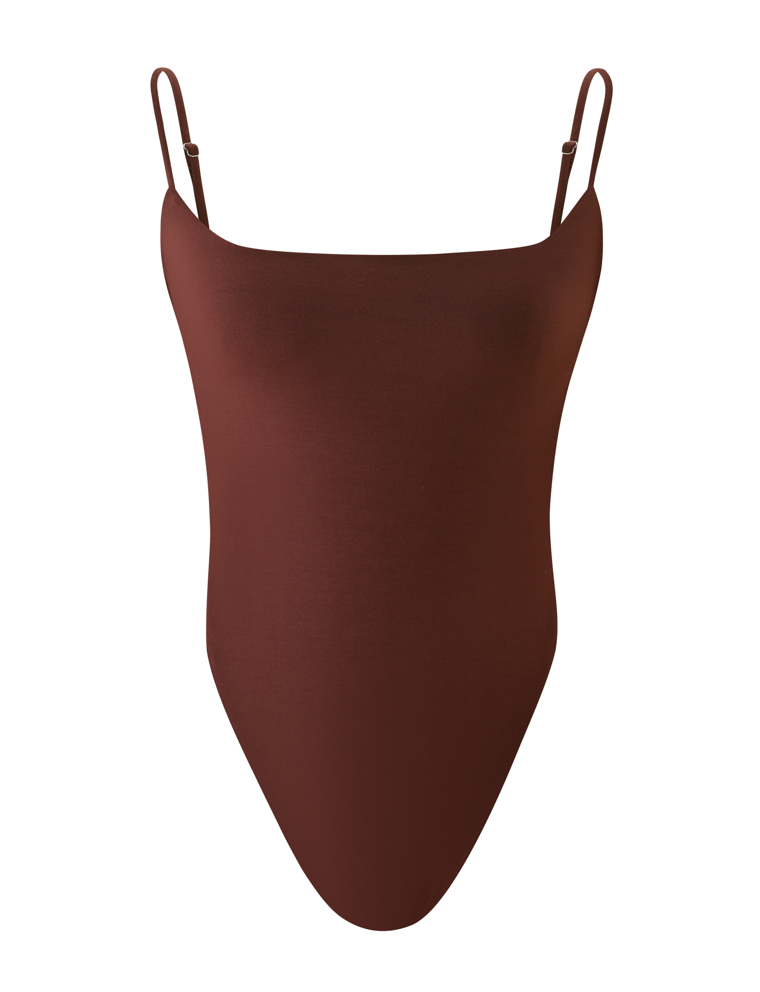 The TIGERMIST MINERVA BODYSUIT in chocolate is a sleeveless piece with thin adjustable straps, high-cut leg, G string bottom, and a smooth minimalist design, shown against a white background.