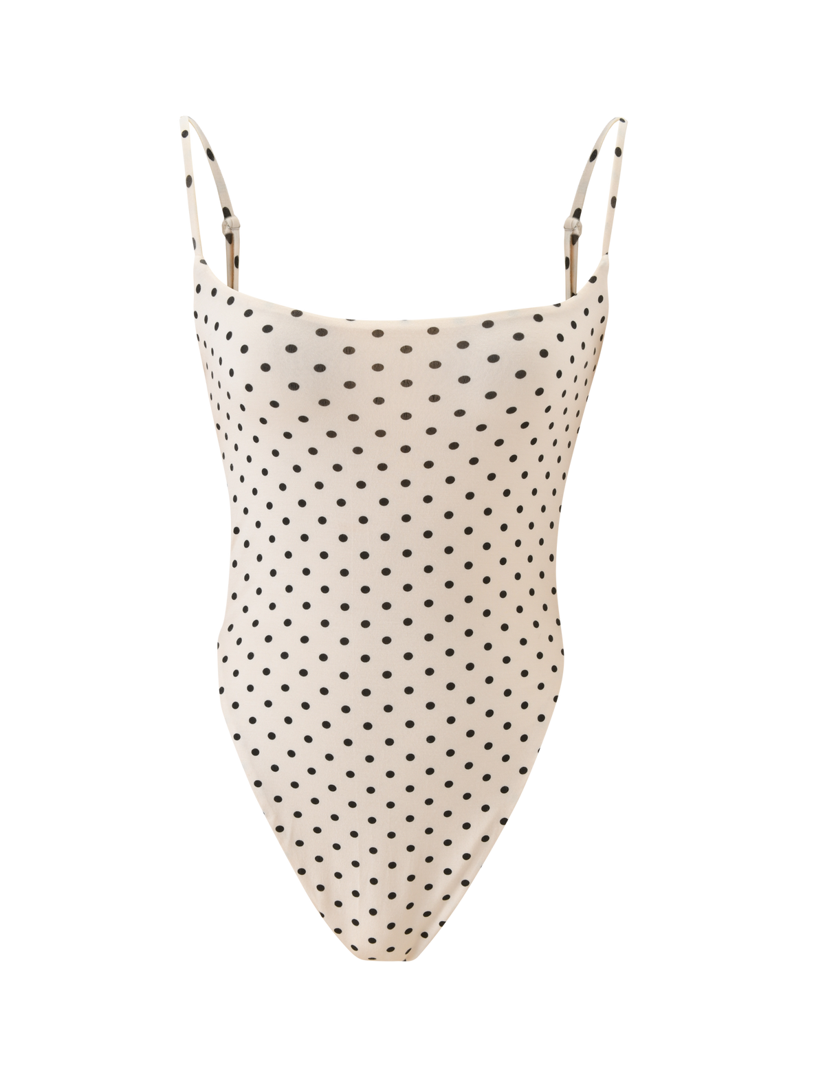 The TIGERMIST MINERVA BODYSUIT - CREAM DOT is a cream one-piece with black polka dots, thin adjustable straps, and a bodycon fit, shown on a plain white background.