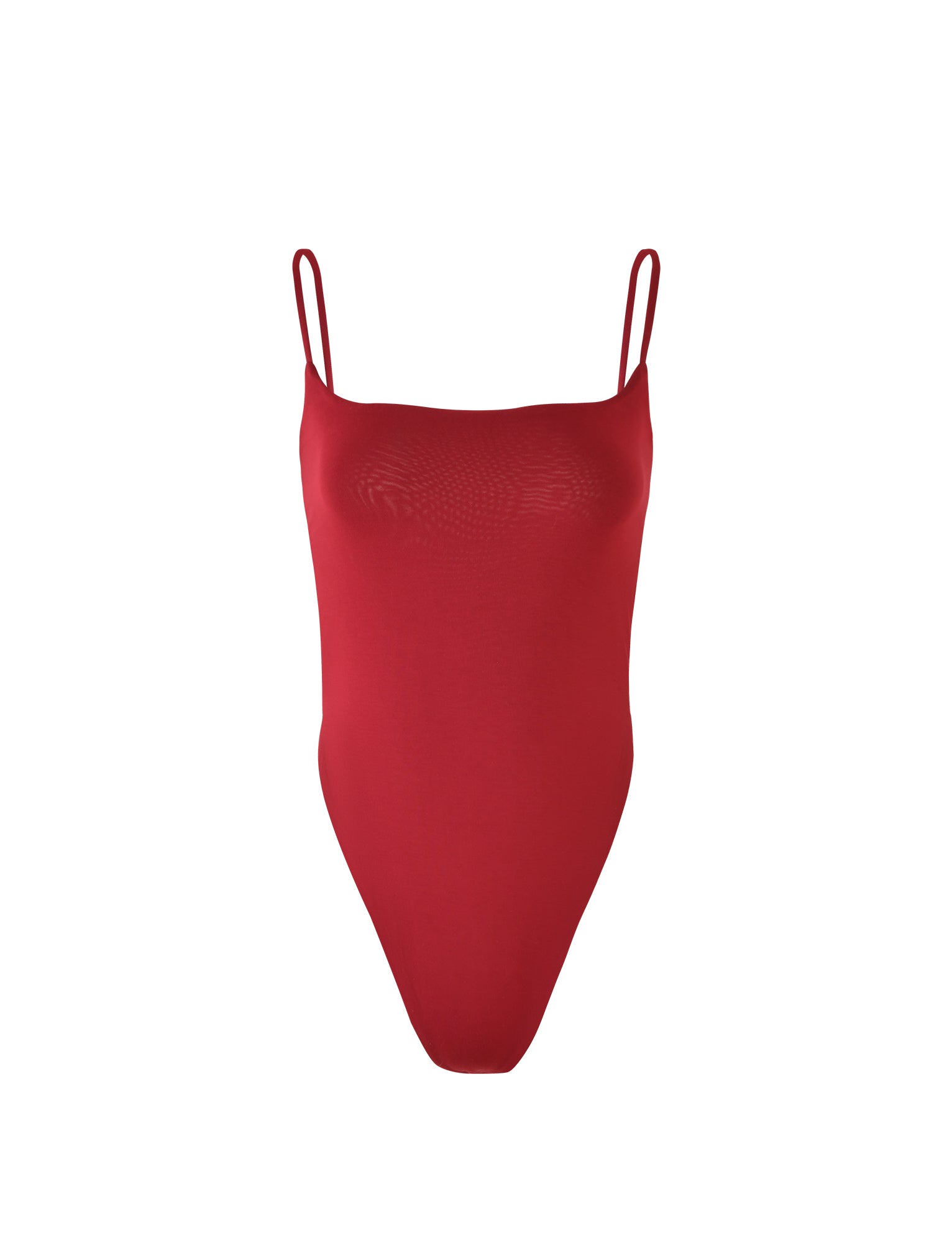 Introducing the Minerva Bodysuit by TIGERMIST, a vibrant red, sleeveless spaghetti strap bodysuit that exudes style and modernity. It showcases a sleek and body-hugging fabric with a scoop neckline and high-cut leg openings, set against a plain white background.