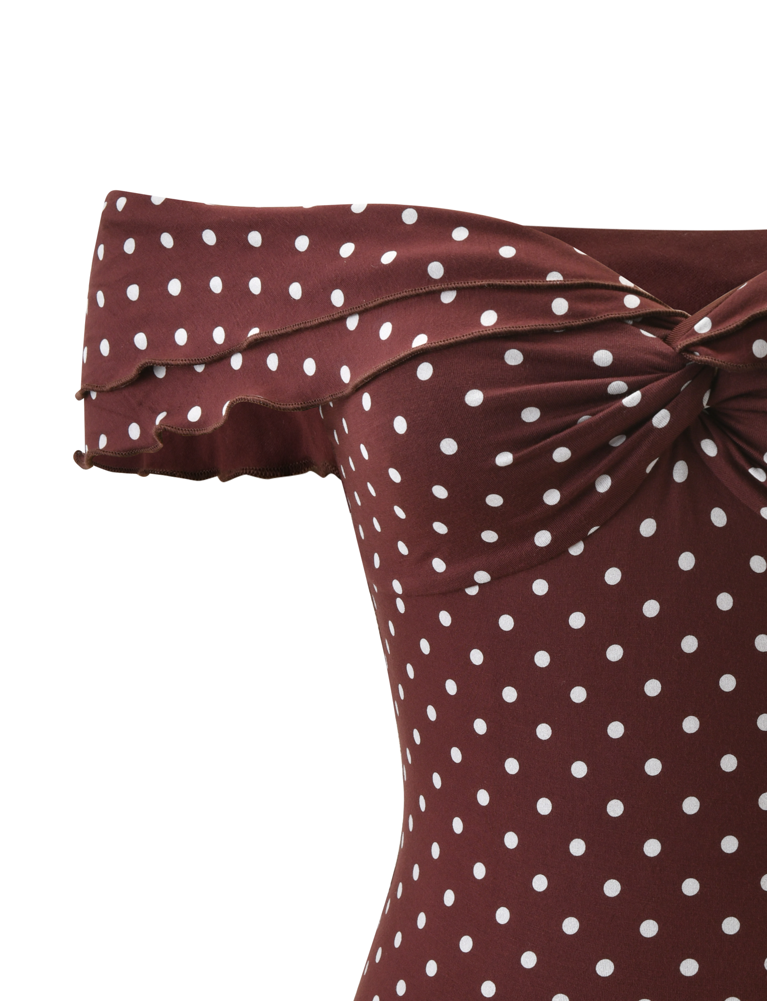 Close-up of the DENALI TOP - BROWN DOT by TIGERMIST, featuring a brown off-the-shoulder design with white polka dots. Crafted from soft modal fabric, the top showcases a front knot detail and delicately ruffled sleeves against a plain background.