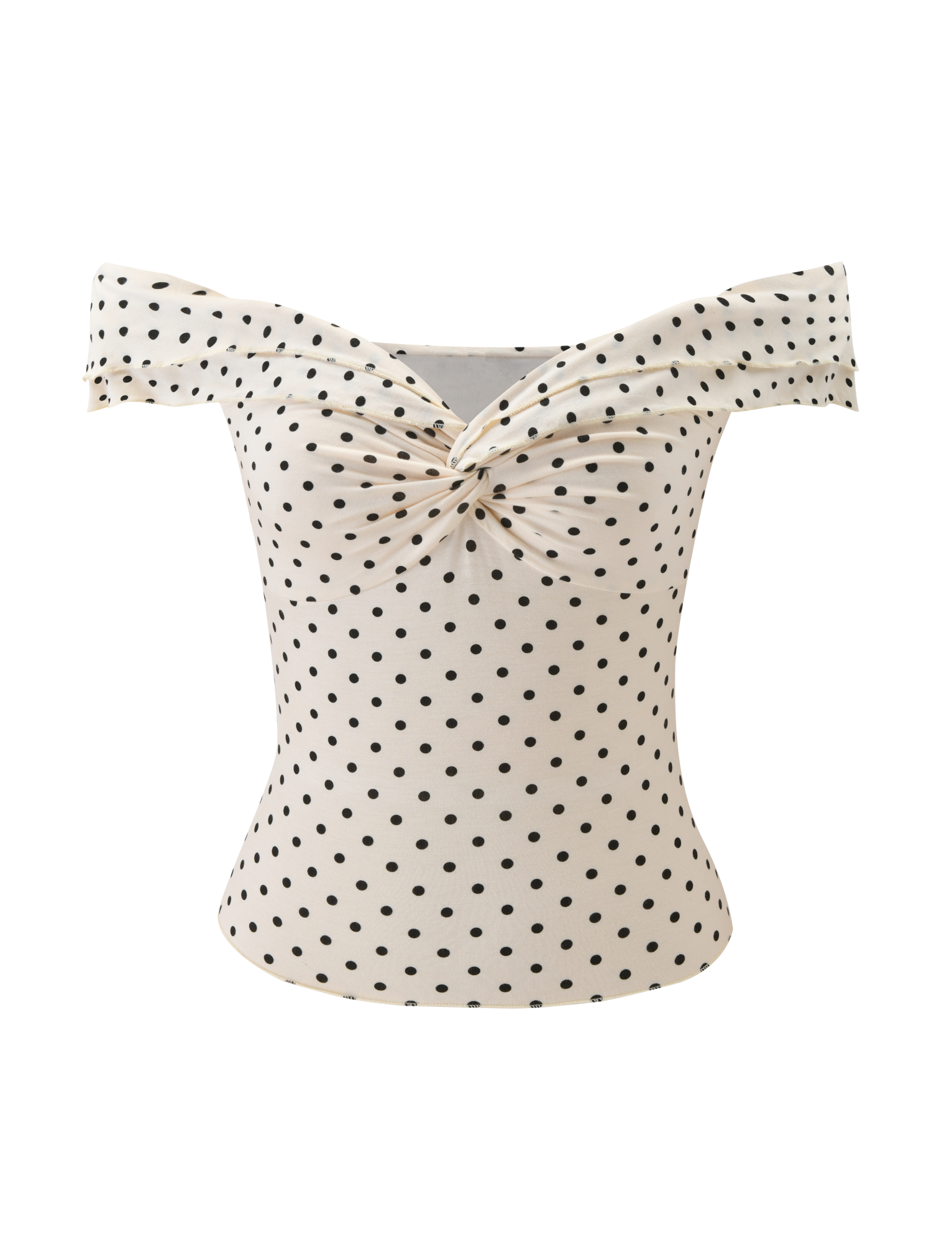 The DENALI TOP - CREAM DOT by TIGERMIST is an off-shoulder cream top with black polka dots and a stylish ruched knot at the neckline.