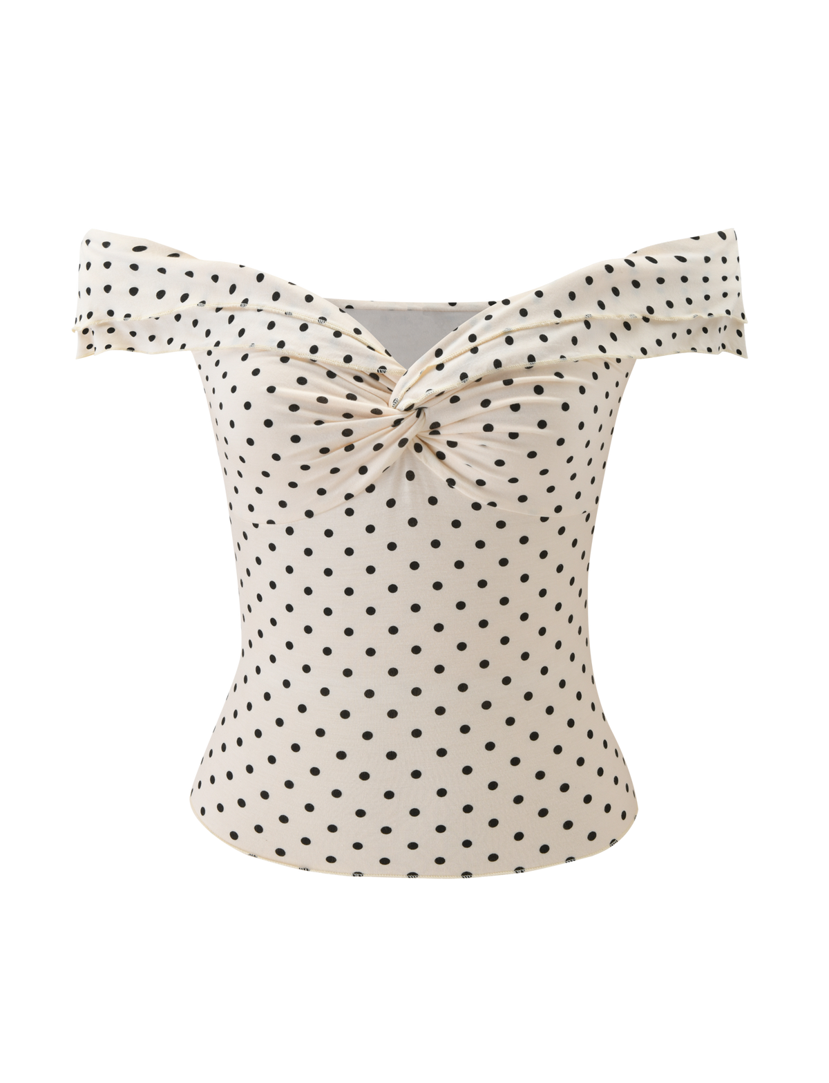 The DENALI TOP - CREAM DOT by TIGERMIST is an off-shoulder cream top with black polka dots and a stylish ruched knot at the neckline.