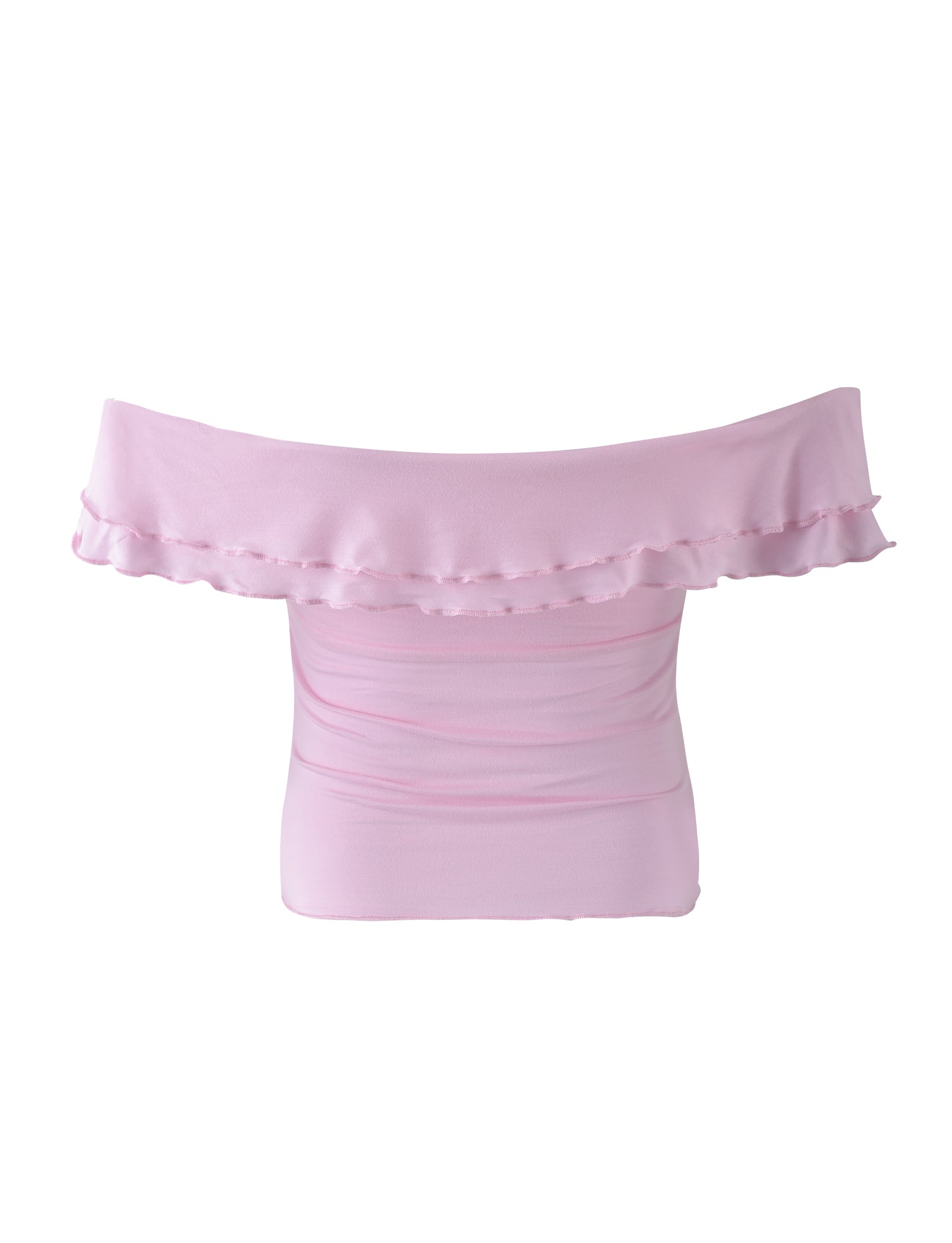 The DENALI TOP - PINK from TIGERMIST is a light pink off-the-shoulder crop top featuring a ruffled neckline. The fabric is smooth and stretchy, with the ruffles adding a decorative, feminine touch. The top offers a fitted silhouette suitable for casual or semi-casual occasions.