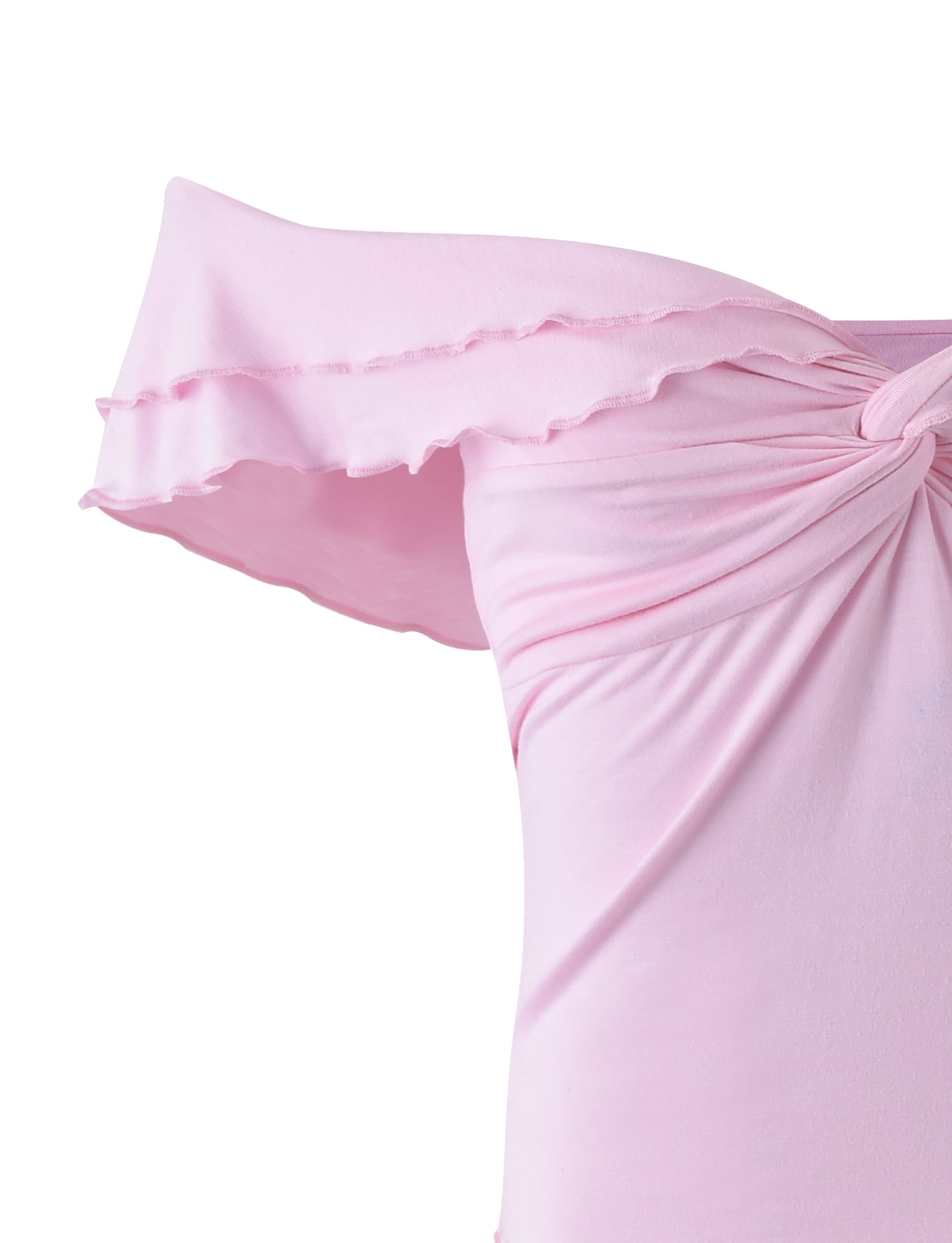 A close-up of the DENALI TOP - PINK by TIGERMIST shows its light pink, off-the-shoulder design. The gathered fabric at the neckline creates a charming ruffled effect. The material seems soft and stretchy, with the ruffles adding a feminine touch to this beautifully crafted piece.