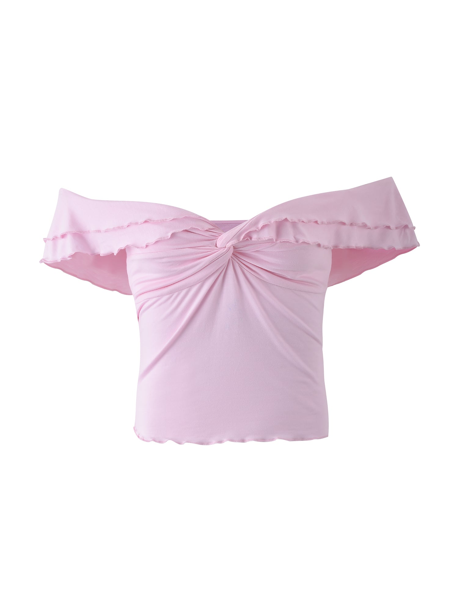 The DENALI TOP - PINK from TIGERMIST is a light pink off-the-shoulder top featuring a sweetheart neckline, ruffled edges, and a twisted knot detail at the center. The soft, slightly stretchy fabric gently drapes over the shoulders and upper arms for an elegant look.