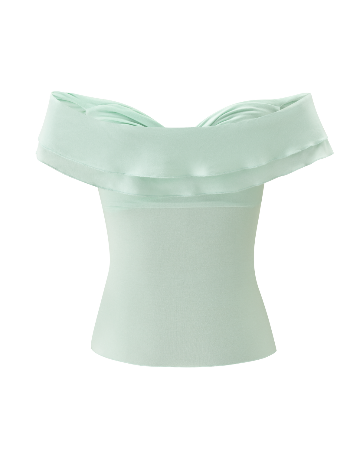 The TIGERMIST DENALI TOP in soft mint features an off-the-shoulder design with a ruffled fold-over neckline, delicate ruffled sleeves, and a fitted, slightly flared waist, crafted from soft modal fabric. Shown on a white background.