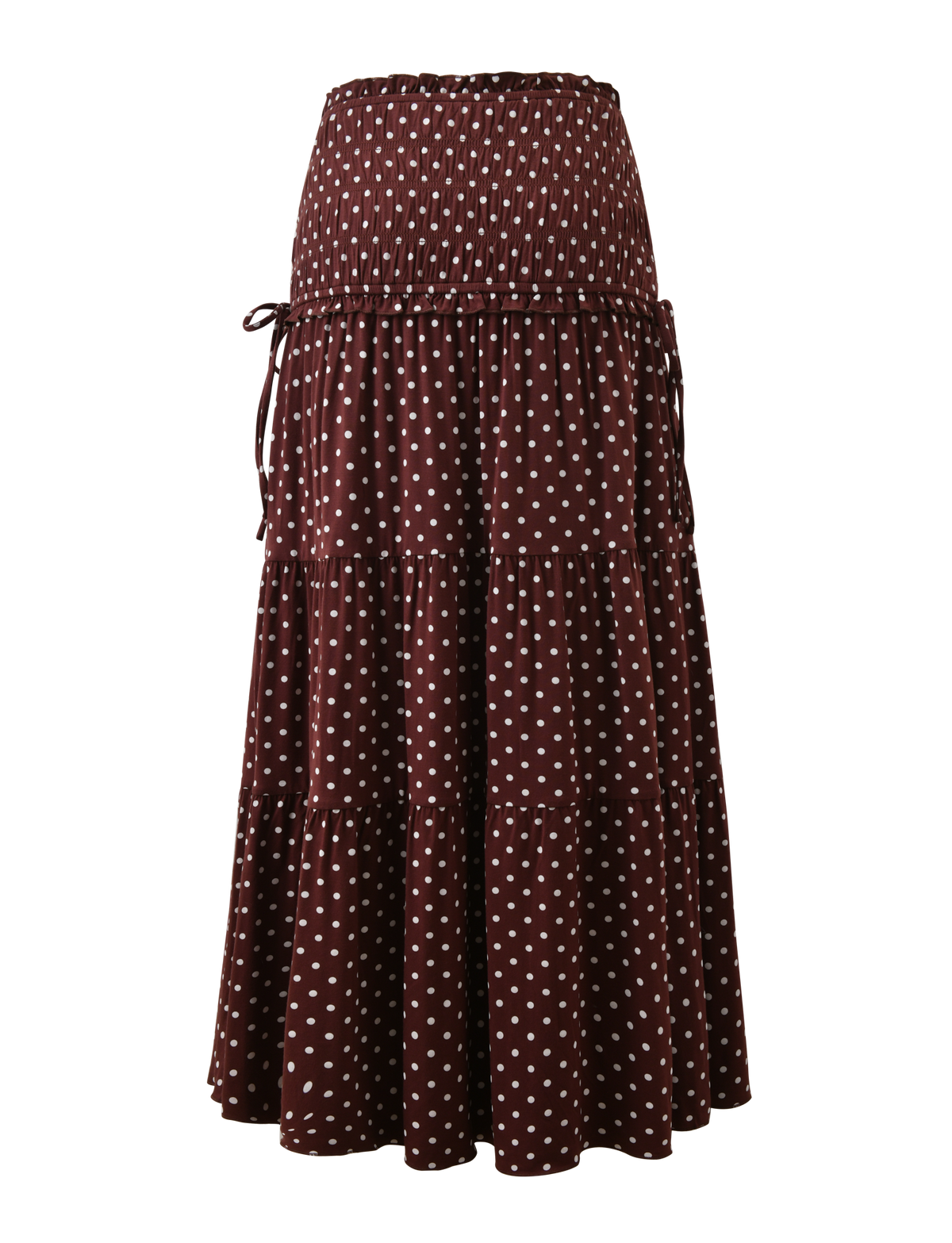 The DENALI MAXI SKIRT - BROWN DOT by TIGERMIST features a brown polka dot print, a tiered flowy silhouette, elastic high waist with side drawstring tie, and a slightly ruffled design for effortless style.