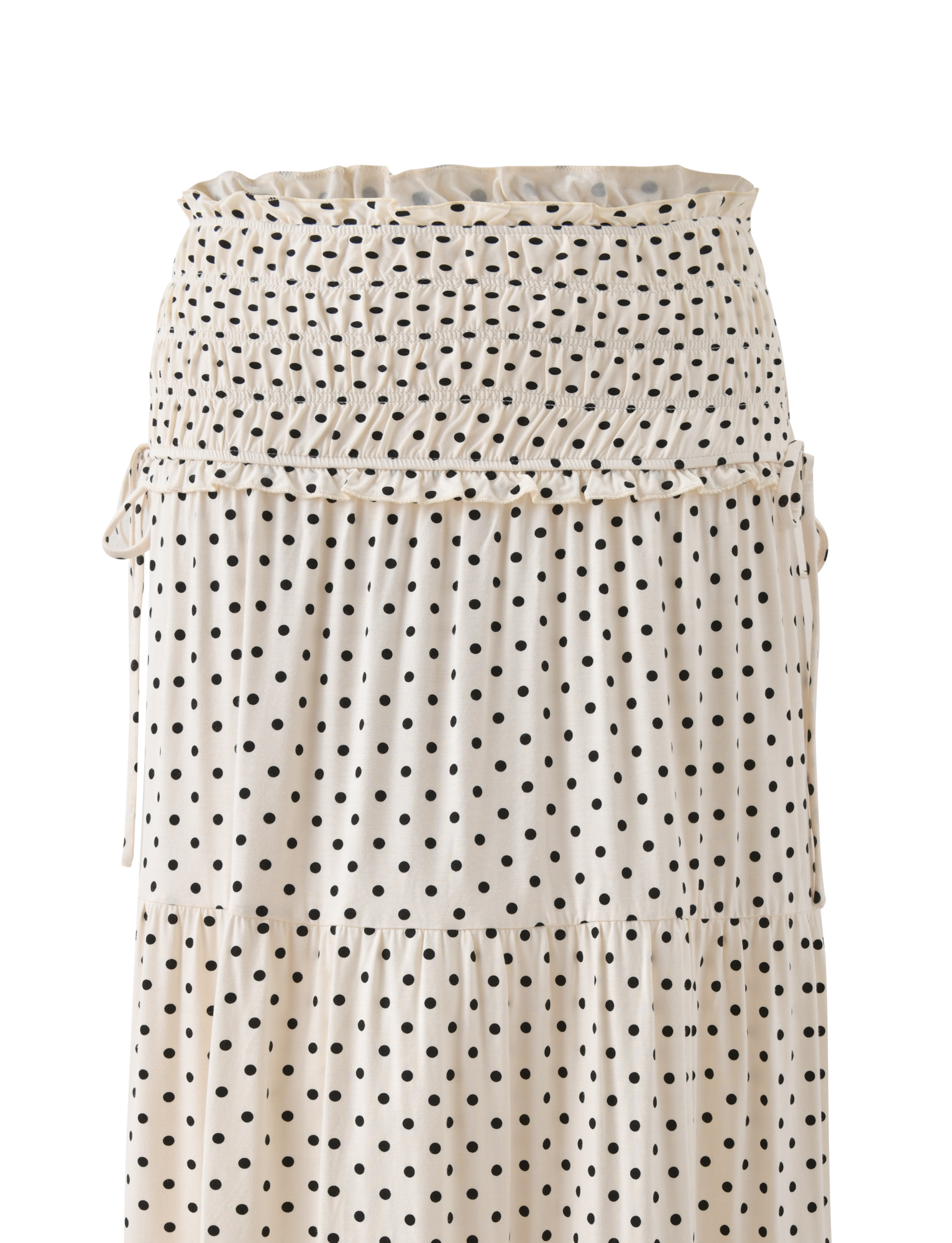The DENALI MAXI SKIRT - CREAM DOT by TIGERMIST is a cream polka dot maxi skirt featuring a ruched elastic waistband and tiered, gathered design.