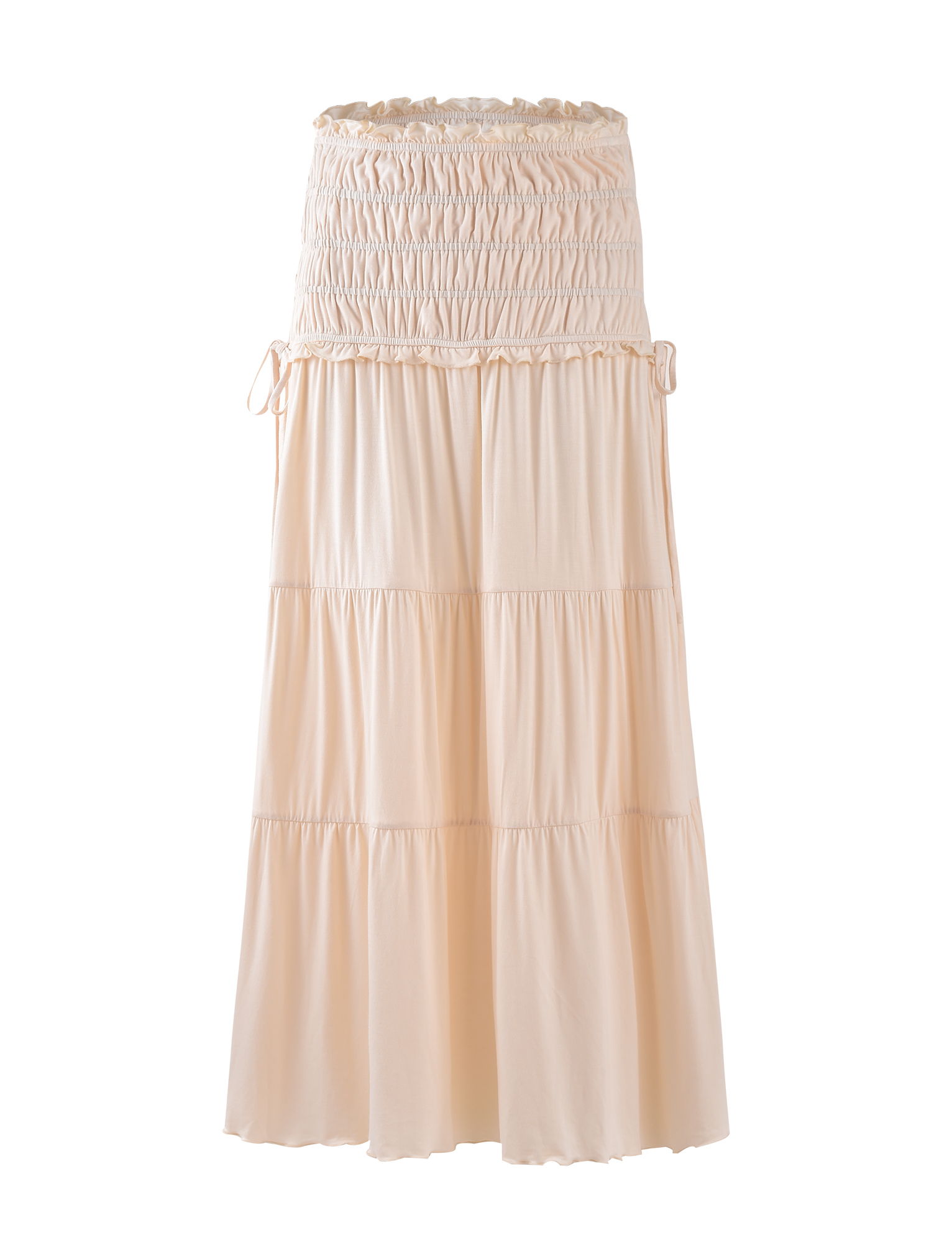 The DENALI MAXI SKIRT - NEUTRAL : BONE by TIGERMIST is a beige, ankle-length skirt with a flared silhouette, smocked elastic waistband, and subtle drawstring detail, shown on a white background.