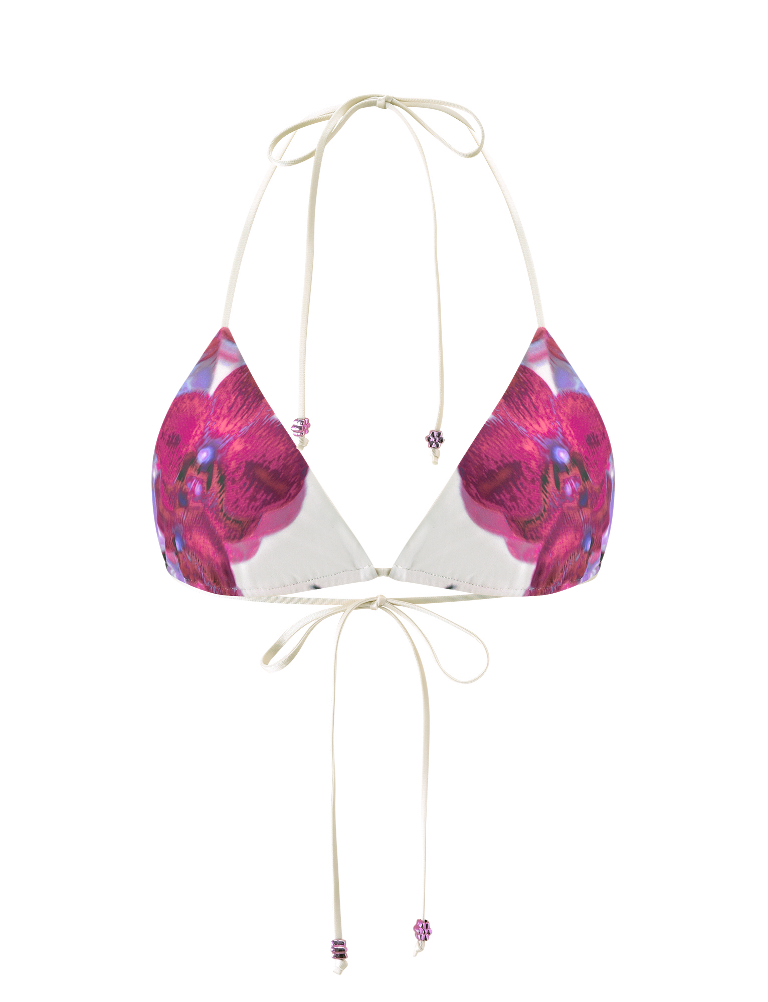 The TIGERMIST AVE BIKINI TOP - ORCHID HAZE is a white triangle bikini top with a pink and purple orchid haze print, thin adjustable neck and back ties, and small purple beads at the string ends.