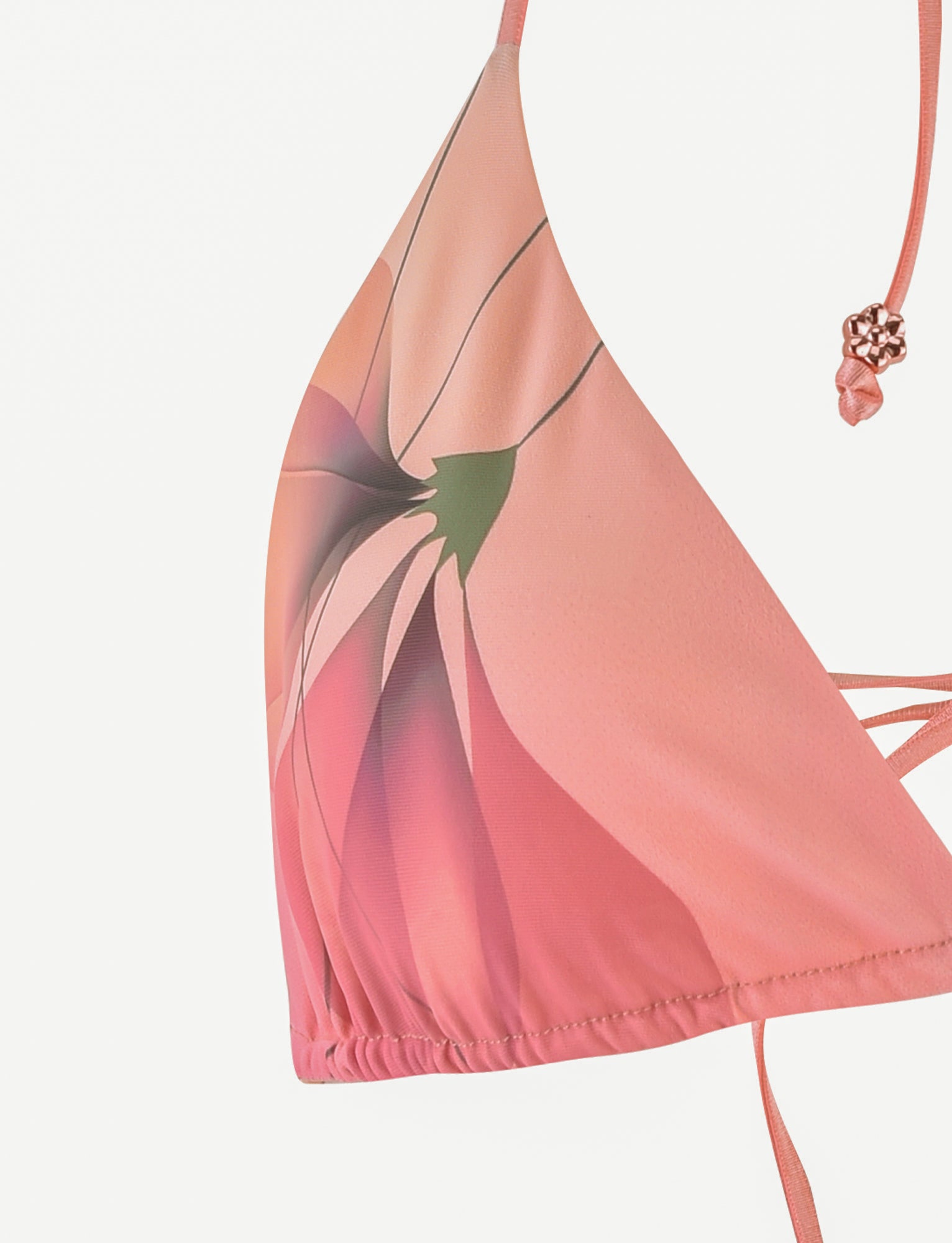 Close-up of the TIGERMIST AVE Bikini Top in a pink and peach gradient floral design. It features adjustable straps with bead detail on the end of one strap.