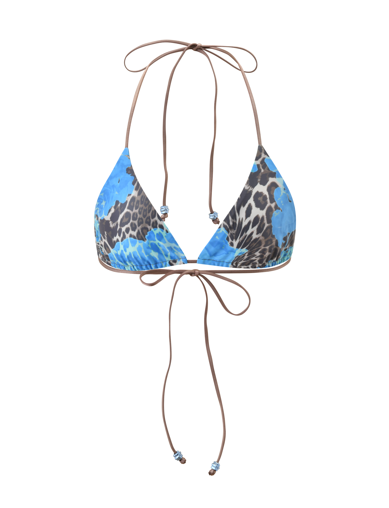 The AVE BIKINI TOP - BLUE LEOPARD by TIGERMIST features a blue leopard print, thin adjustable halter straps with small decorative beads, and ties at the neck and back, shown on a plain white background.