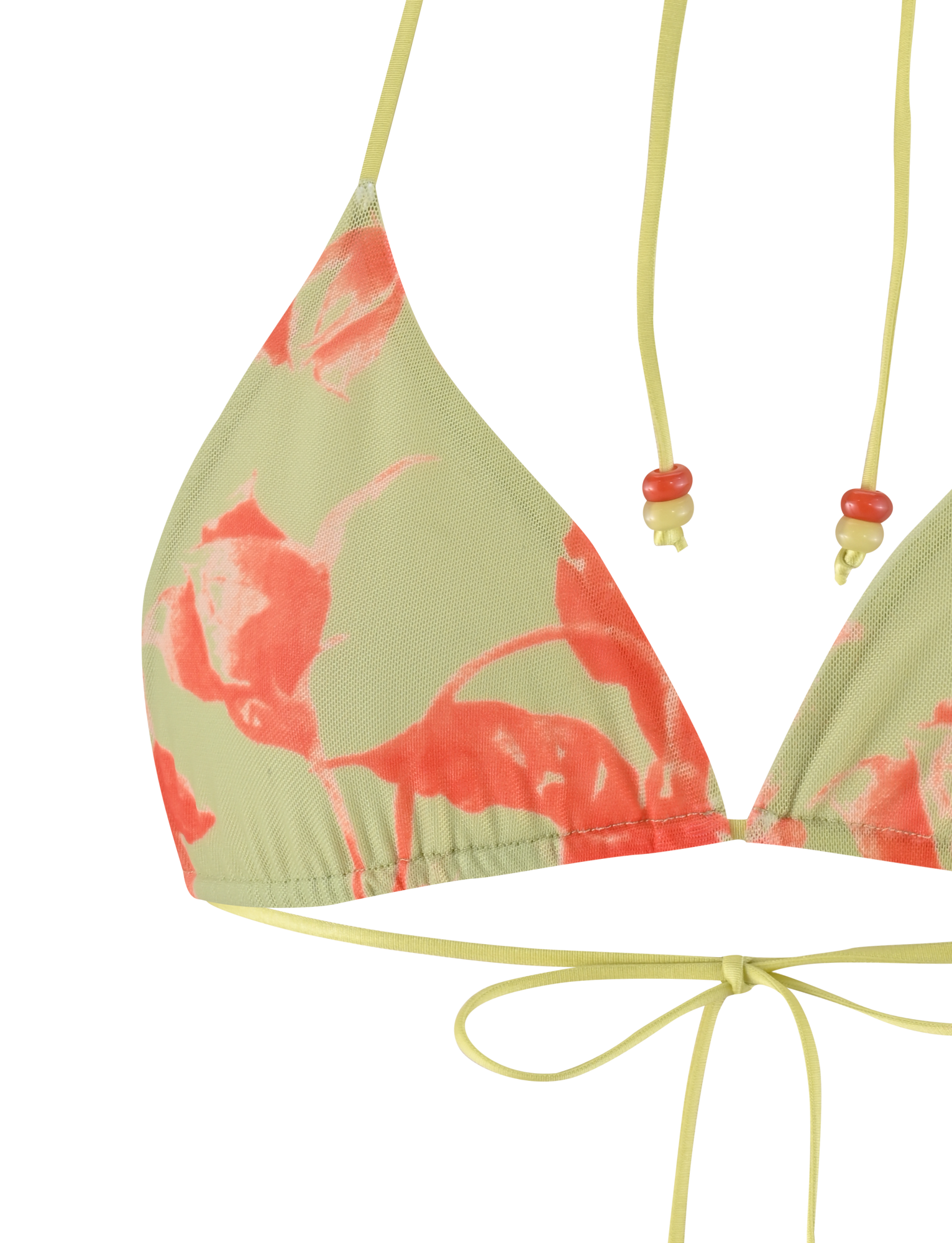 The AVE BIKINI TOP - POP FLORAL by TIGERMIST features a light green floral print with red flowers, thin yellow straps, and a true-tie halter neck finished with a front bow detail.