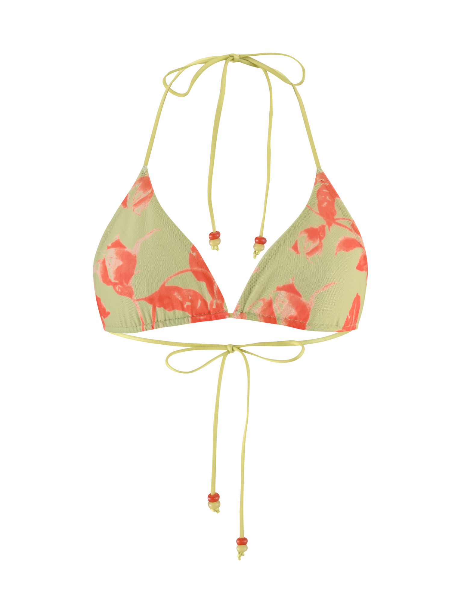 The AVE BIKINI TOP - POP FLORAL by TIGERMIST is a light green bikini top with a coral pink floral print and true-tie halter neck, featuring adjustable ties at the neck and back.