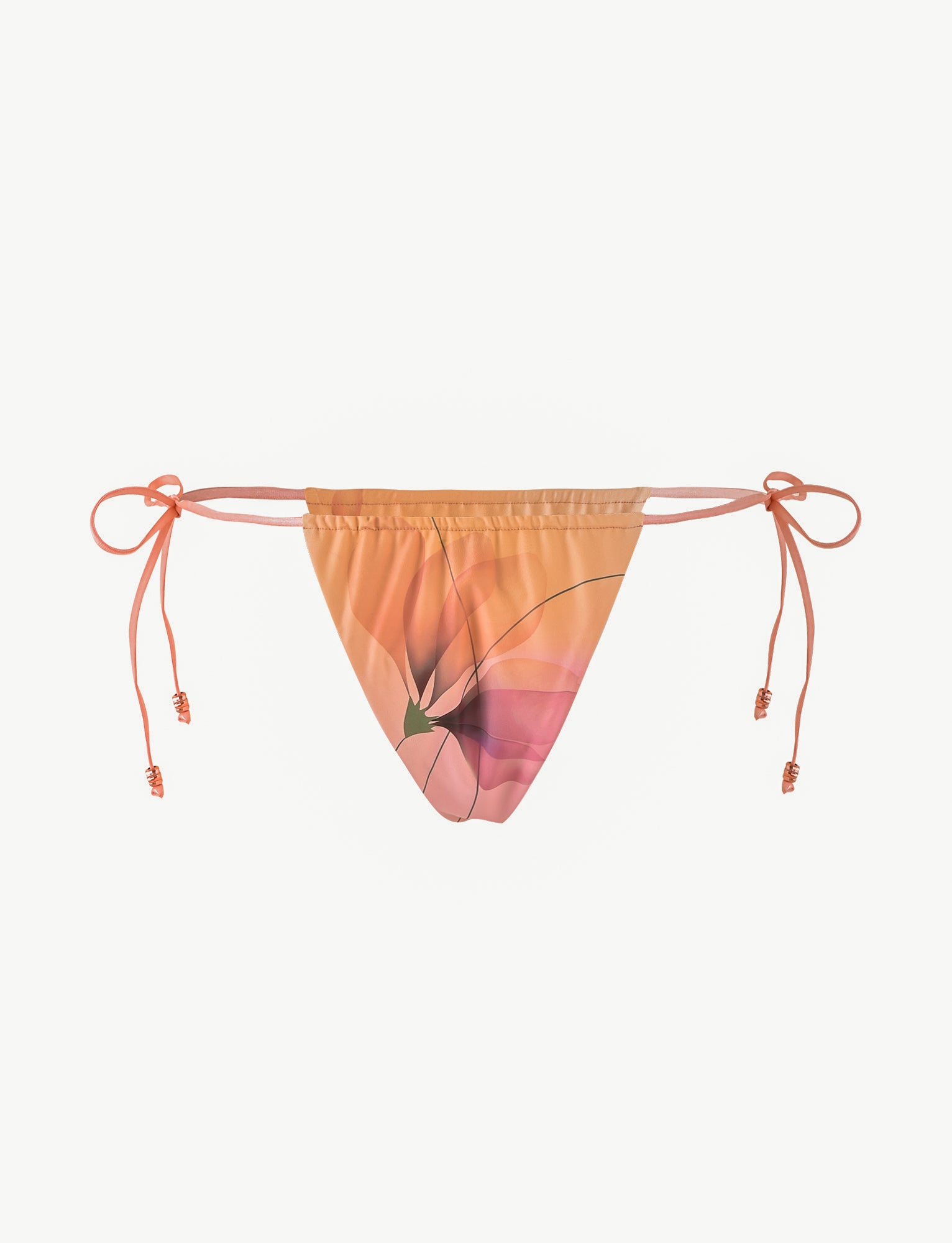 A peach-colored AVE Bikini Bottom from TIGERMIST, featuring a macro floral gradient print and adjustable side ties adorned with small beads, shown on a white background.
