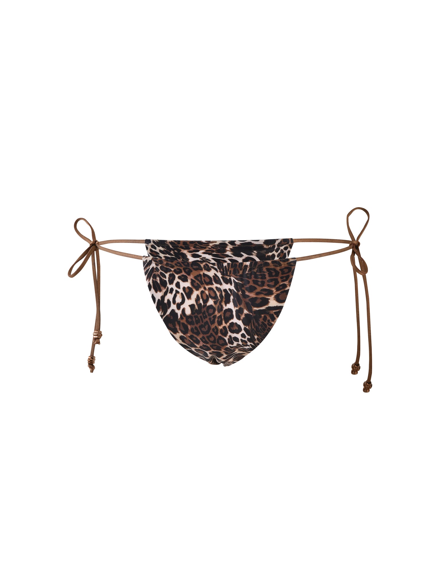 The AVE Bikini Bottom - Multi : Leopard by TIGERMIST features a classic leopard print in shades of brown, black, and beige, complemented by adjustable brown string ties on both sides. The strings are designed to be tied into small bows, ensuring a secure and customizable fit.