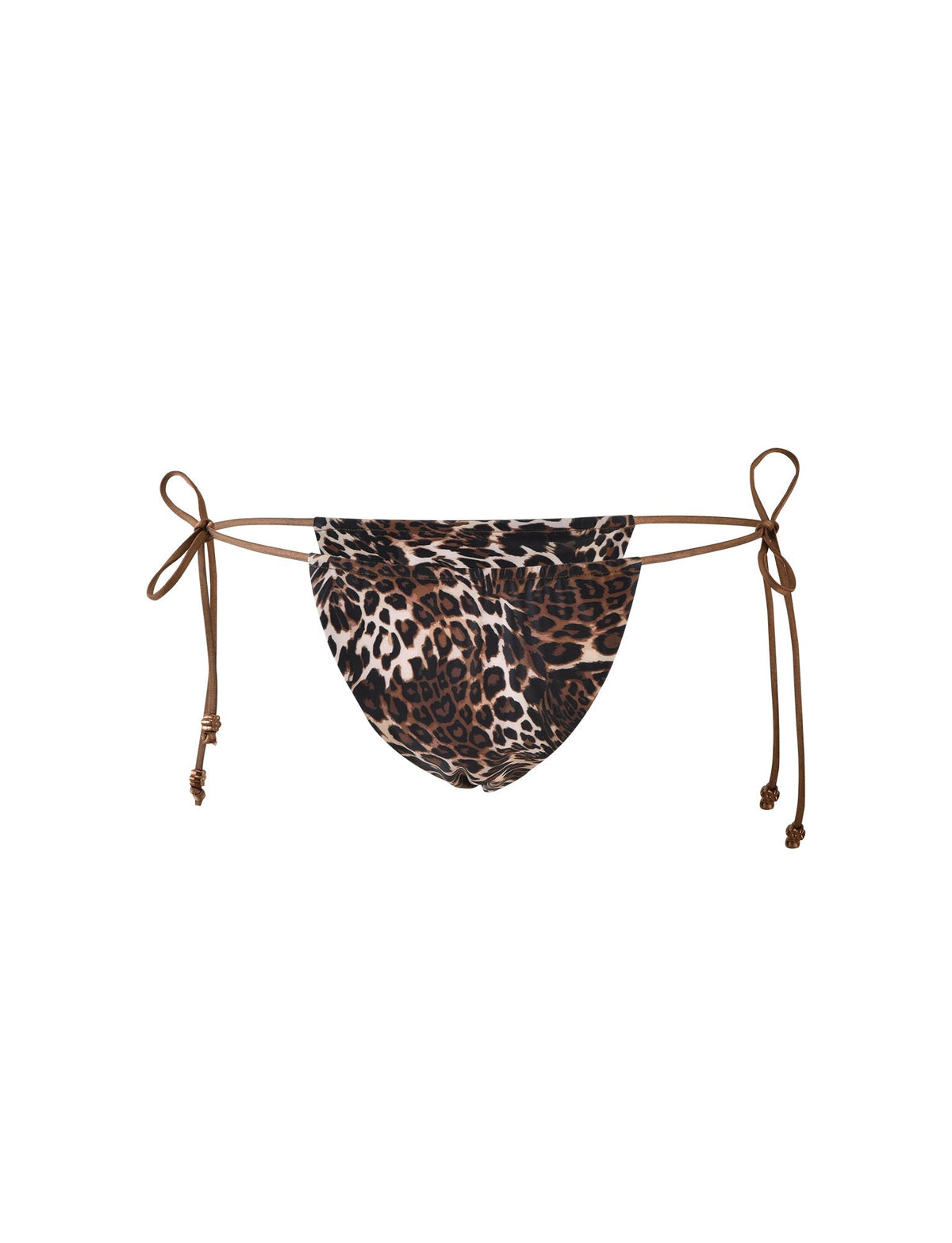 The AVE Bikini Bottom - Multi : Leopard by TIGERMIST features a classic leopard print in shades of brown, black, and beige, complemented by adjustable brown string ties on both sides. The strings are designed to be tied into small bows, ensuring a secure and customizable fit.