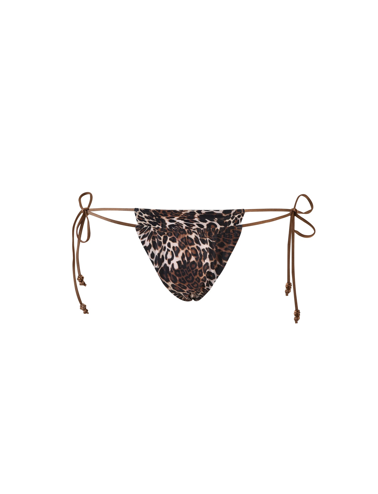The AVE Bikini Bottom - Multi: Leopard by TIGERMIST features a striking leopard print in shades of brown, black, and cream. This minimalistic bikini bottom includes adjustable side ties embellished with small decorative beads, making it perfect for beachwear.