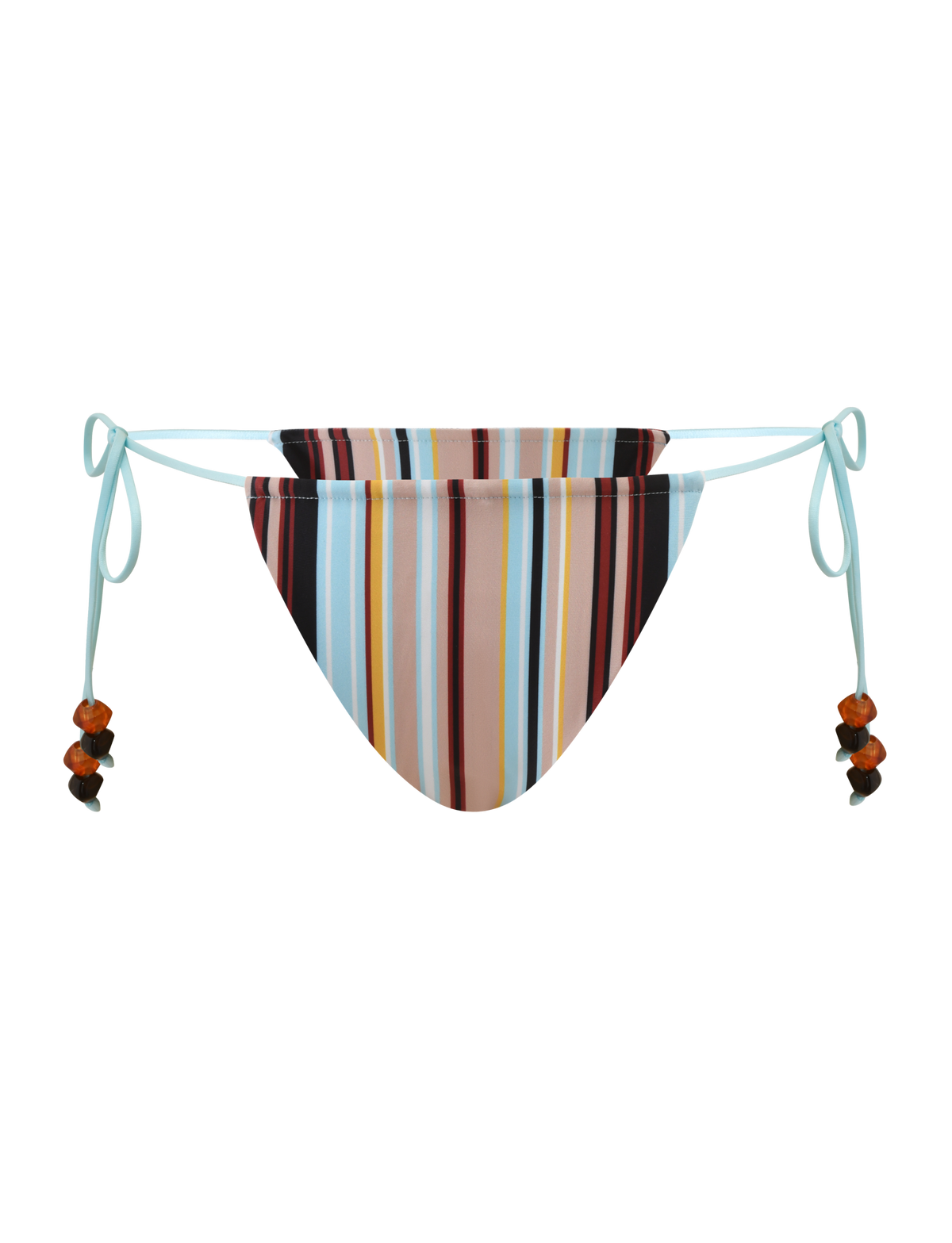 The TIGERMIST AVE BIKINI BOTTOM - VARIEGATED STRIPE features vertical multicolored stripes and light blue side ties with amber beads, shown on a plain white background.