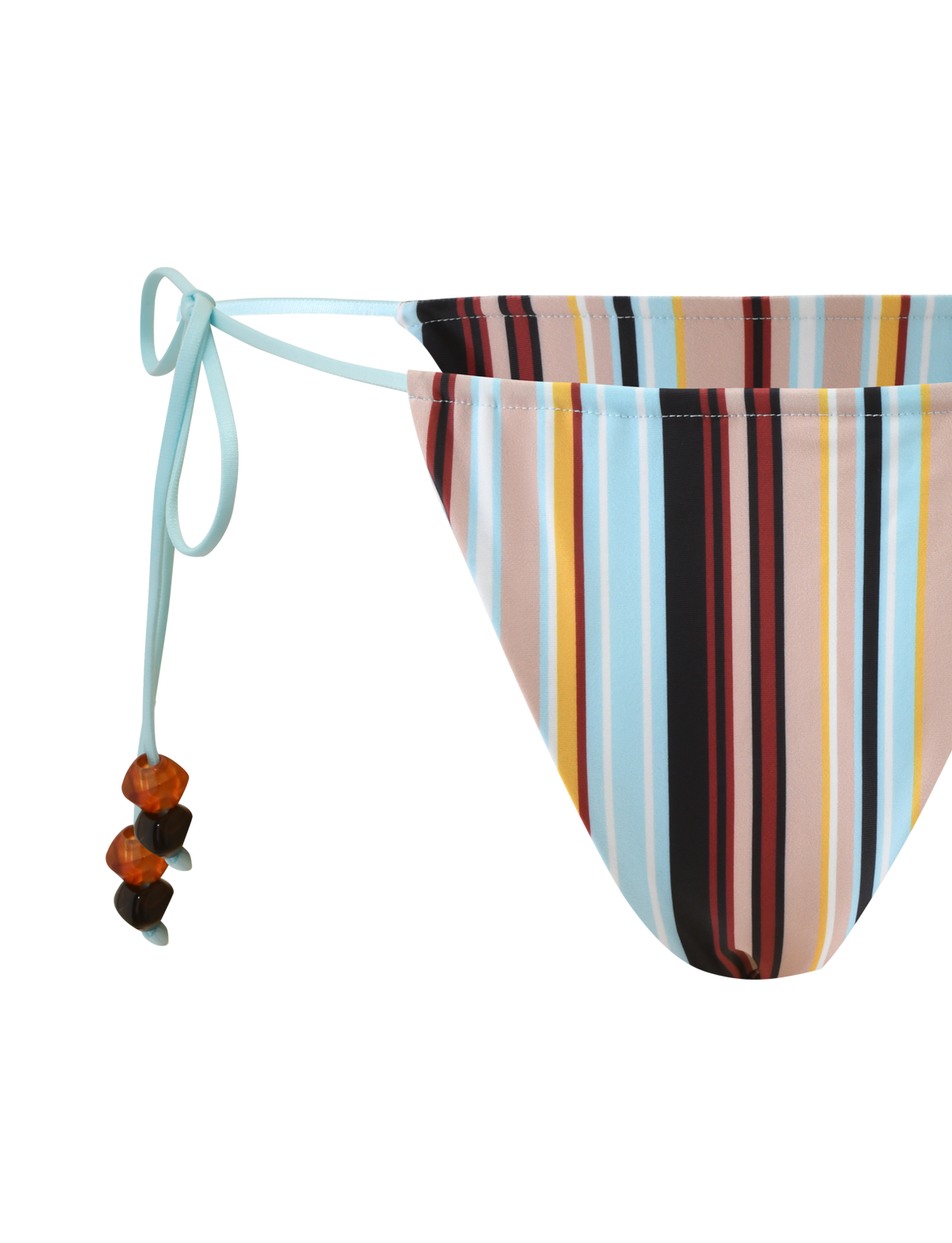A close-up of the TIGERMIST AVE BIKINI BOTTOM - VARIEGATED STRIPE shows multicolored vertical stripes and light blue side ties with brown beads, making this cheeky bottom pop against a plain white background.