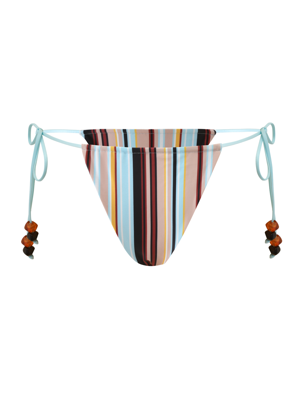 The TIGERMIST AVE BIKINI BOTTOM - VARIEGATED STRIPE features multicolored vertical stripes and light blue side tie strings adorned with brown and black beads for a playful, stylish look.