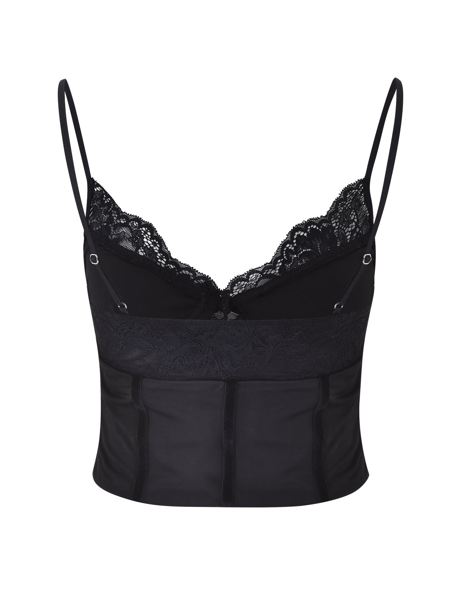 Introducing the MORENA TOP - BLACK from TIGERMIST: a stunning black lace bralette featuring thin spaghetti straps. The intricate lace detailing forms a delicate floral pattern across the bust area, and the bralette extends to mid-torso length, providing light support with its stylish and feminine design.