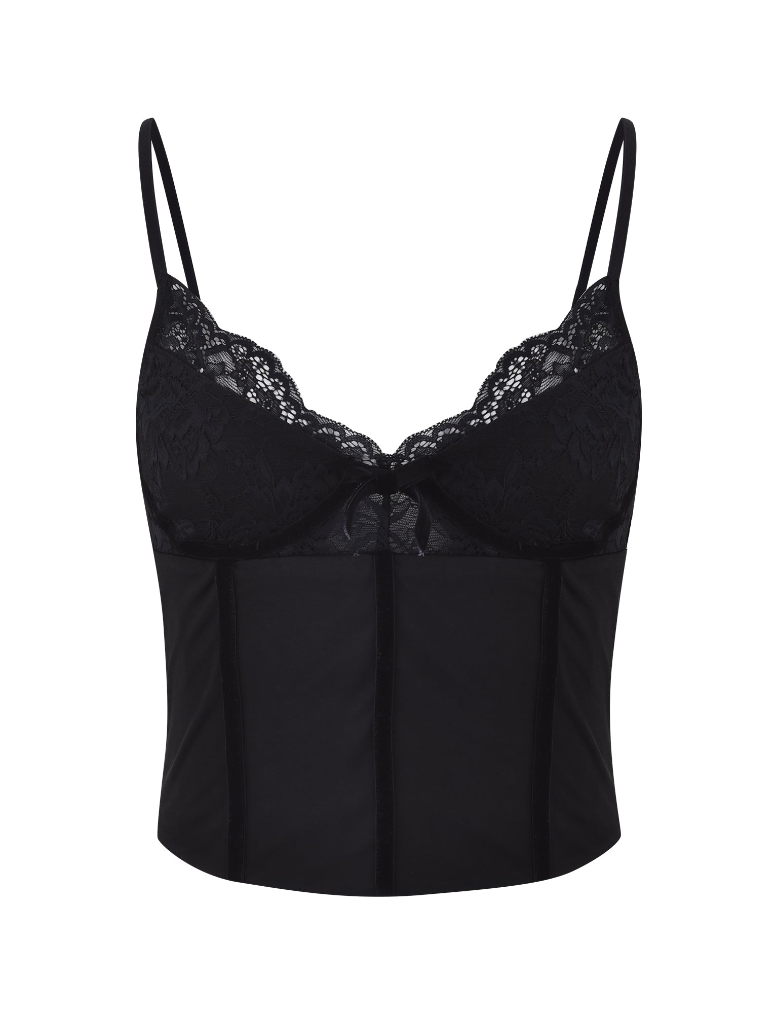 The MORENA TOP - BLACK by TIGERMIST is a black lace bustier top featuring adjustable spaghetti straps and a sweetheart neckline with intricate floral lace detailing. The midsection is structured with vertical boning for support and has a smooth, satin-like finish.