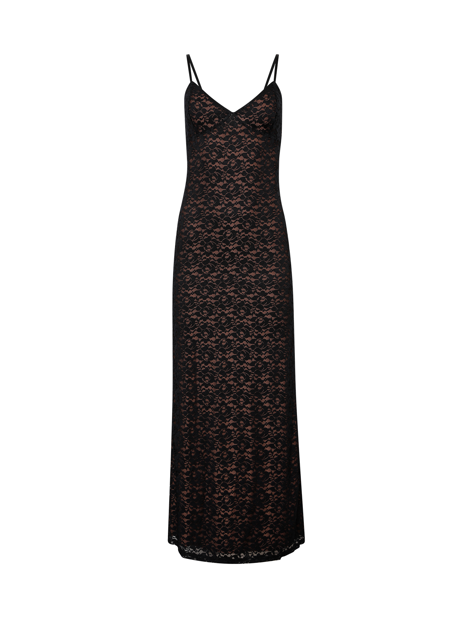 The TIGERMIST JULIANNA LACE DRESS - BLACK is a sleeveless, fitted maxi dress with thin spaghetti straps, a V-neckline, and semi-sheer black lace over a nude underlay.