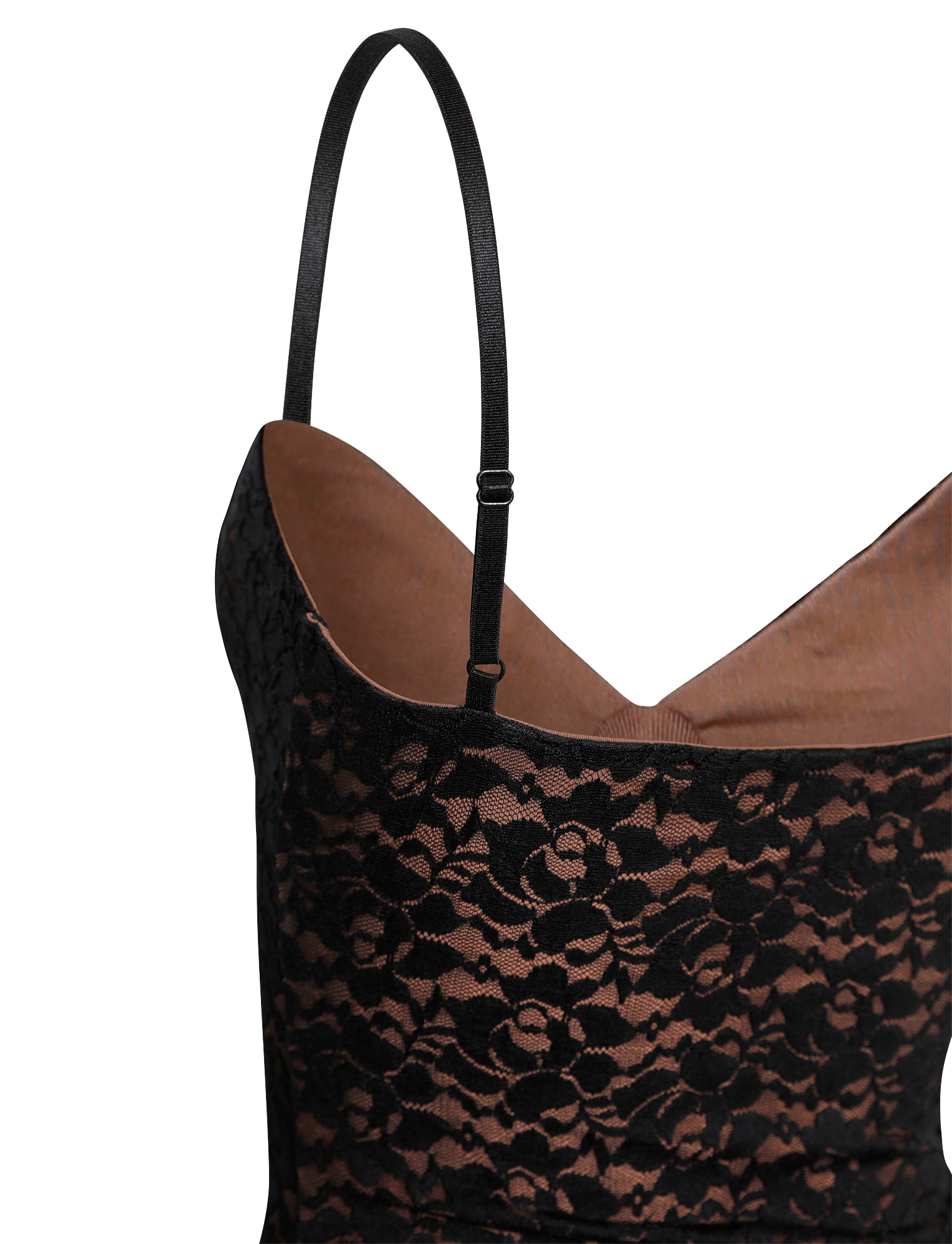 Close-up of the JULIANNA LACE DRESS - BLACK by TIGERMIST, a maxi dress with thin adjustable straps and black floral lace overlay on nude fabric, shown against a plain white background.
