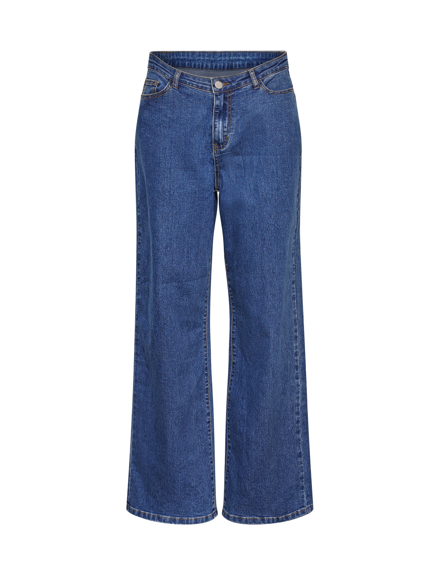 The FELIX JEAN - BLUE: DARK WASH from TIGERMIST is a pair of high-waisted, wide-leg jeans featuring a button and zipper closure, front and back pockets, and a classic denim texture. These jeans have a relaxed fit through the legs and are showcased against a plain white background.