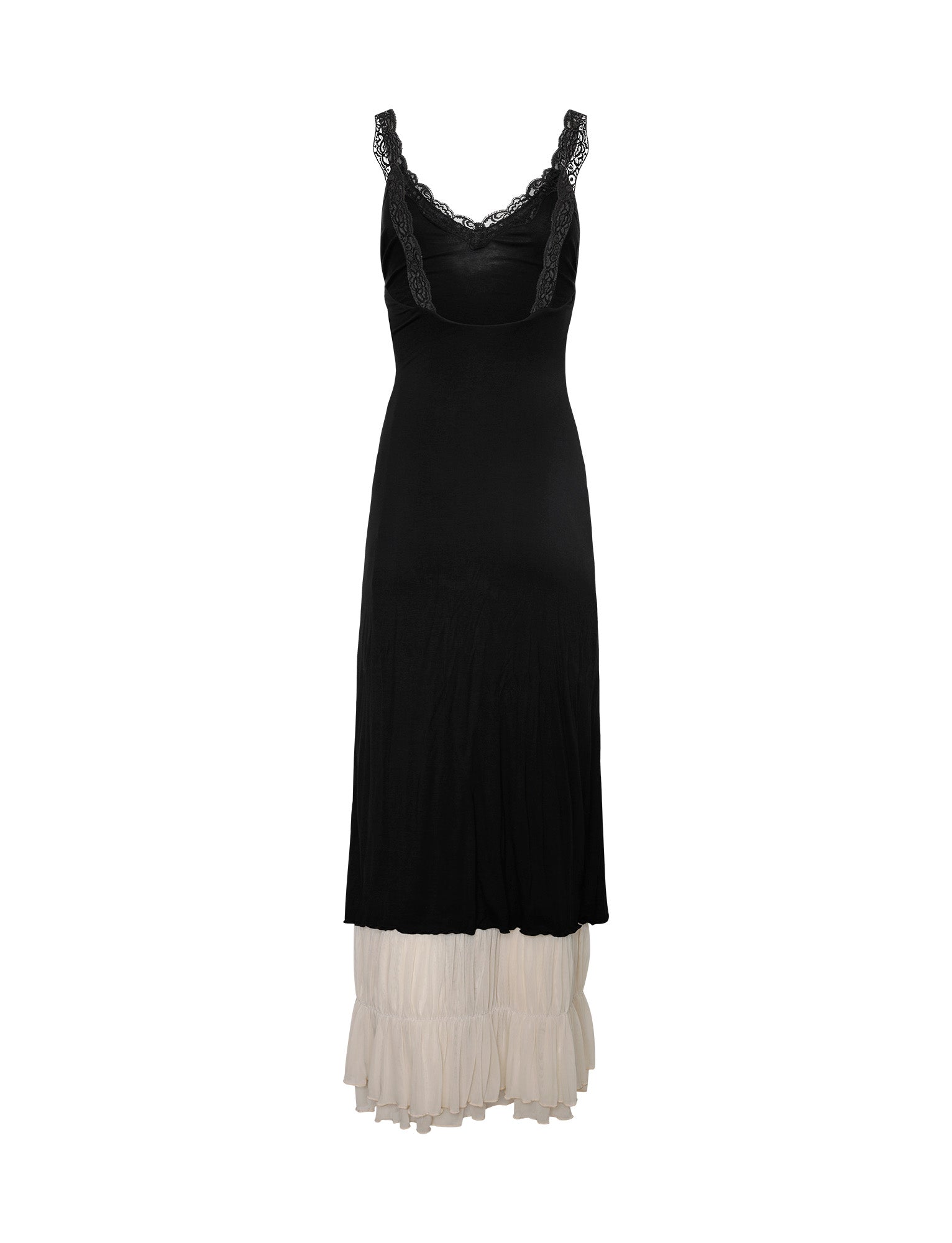 The KACIE DRESS - BLACK from TIGERMIST is a stylish black sleeveless dress with lace-trimmed straps and an empire waist. It features a white layered hem at the bottom, adorned with multiple delicate pleats that create a flowing and elegant design. This dress perfectly blends simplicity with a touch of sophistication.