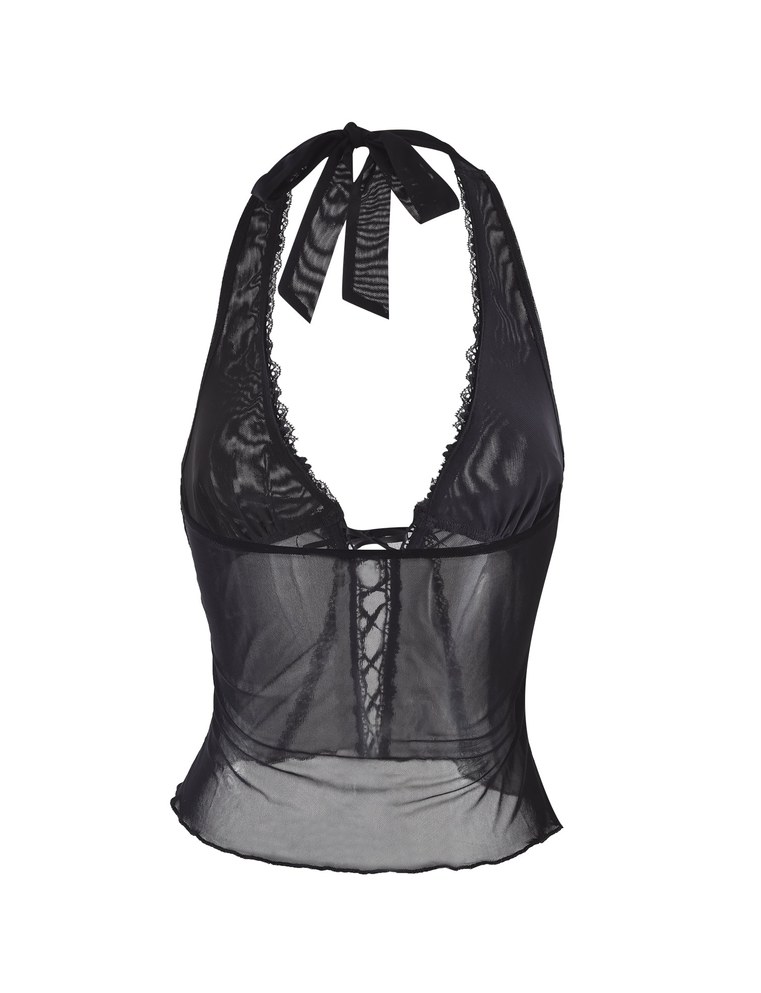 Introducing the KAYLEE TOP - BLACK from TIGERMIST, a stylish semi-sheer, sleeveless halter top featuring a lace-up front and delicate lace trim around the neckline. This chic top also includes a ribbon tie at the neck and boasts a slightly flared hemline for added flair.